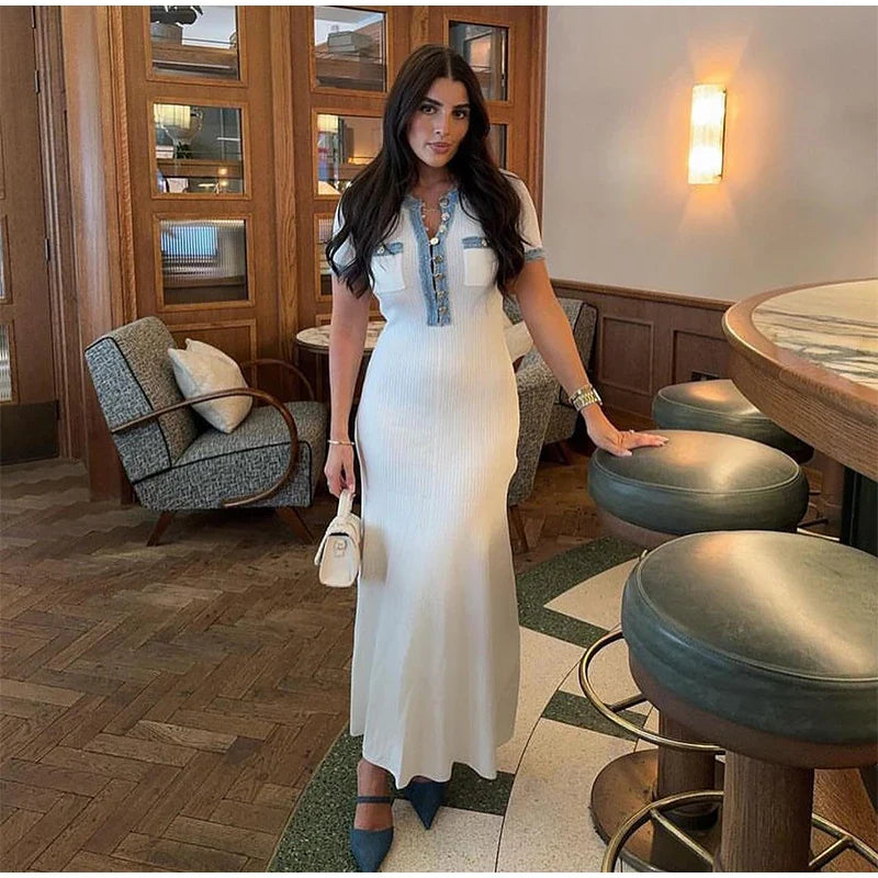 Denim Patchwork VNeck Short Sleeve Button Bodycon Work Dress