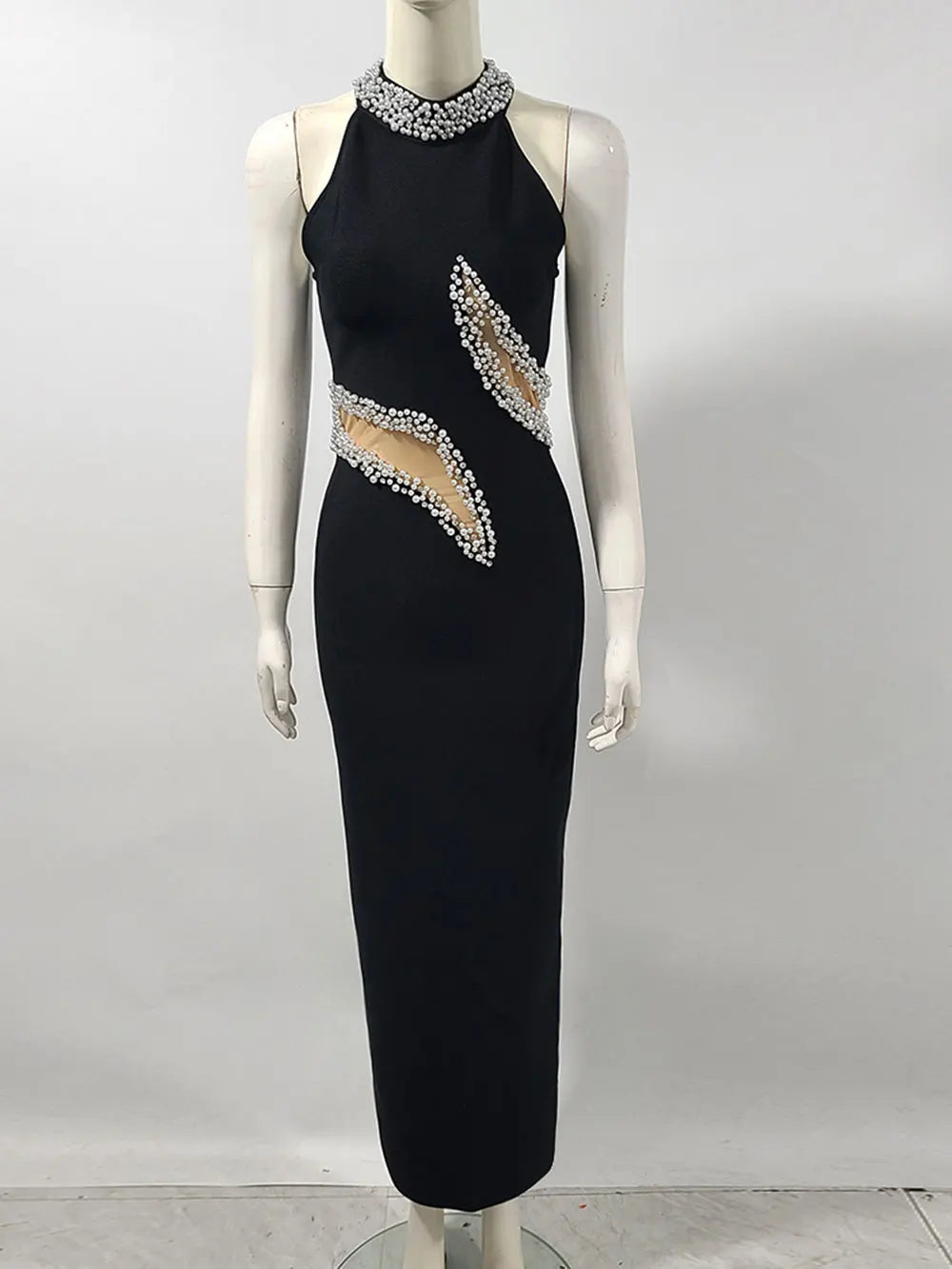 Elegant Women's Light Luxury Nail Bead Patchwork Design Bandage Dress O-Neck Sleeveless Bodycon Long Dresses Party Vestidos