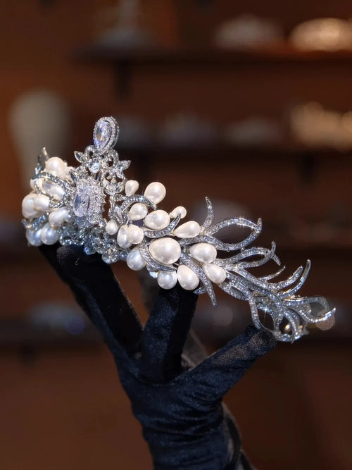 Bridal Hair Jewelry Crystal Zirconia Tiaras and Crowns Princess Queen Diadem For Brides Pearl Headpieces Wedding Accessories