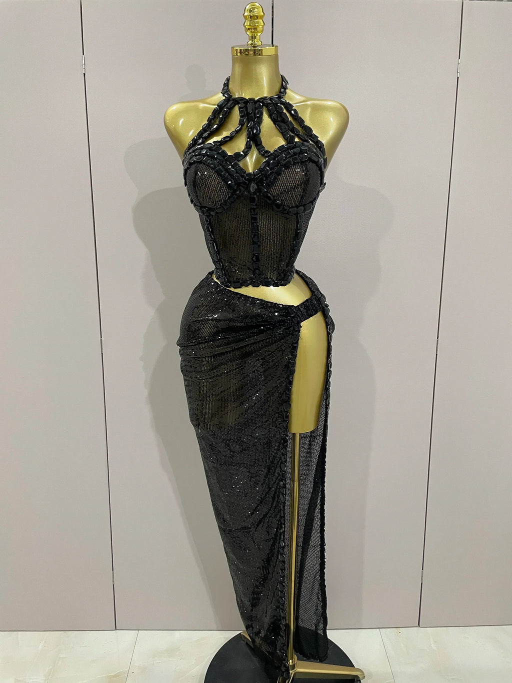 Sexy Luxury Shiny Diamond Sequins Cocktail Dress 2Pcs Set Women Evening Celebrate Birthday Party Nightclub Stage costume black