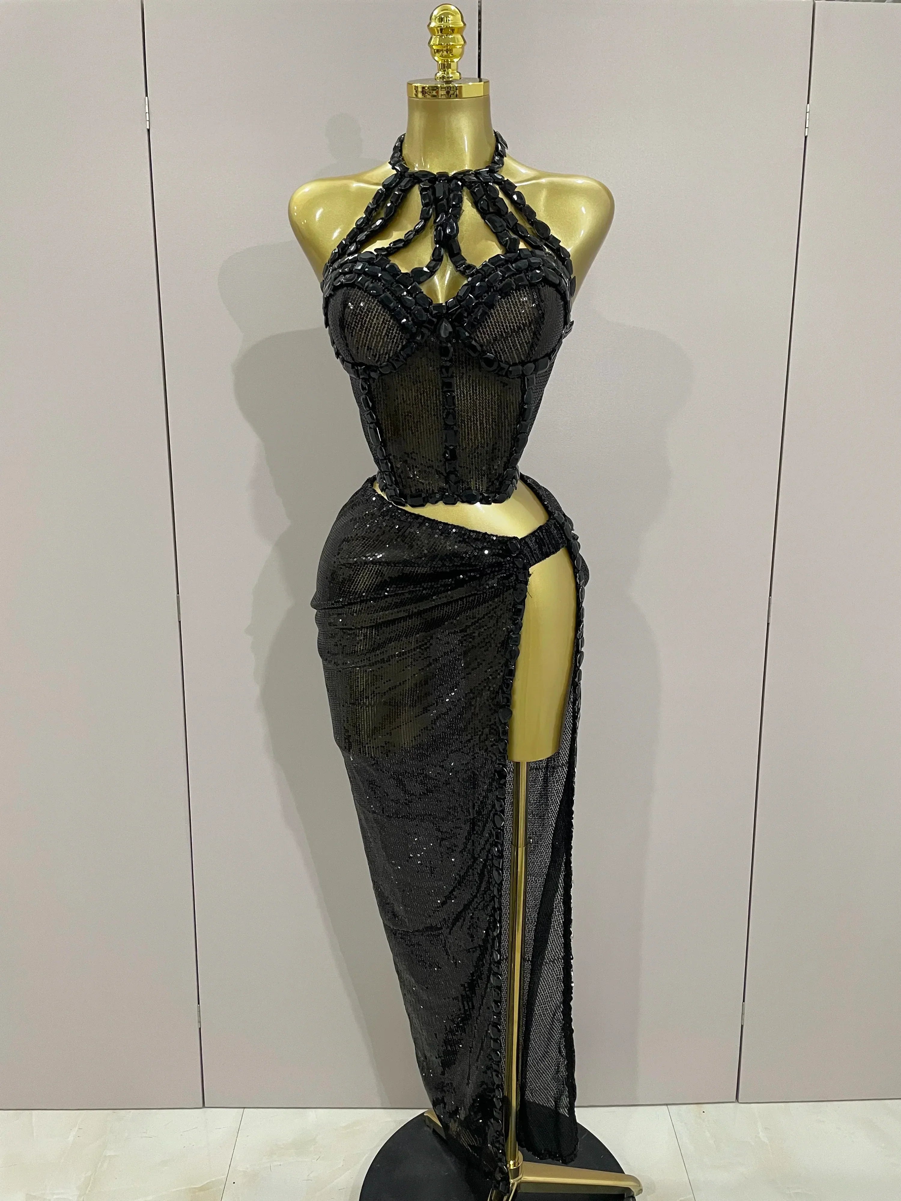 Sexy Luxury Shiny Diamond Sequins Cocktail Dress 2Pcs Set Women Evening Celebrate Birthday Party Nightclub Stage costume black