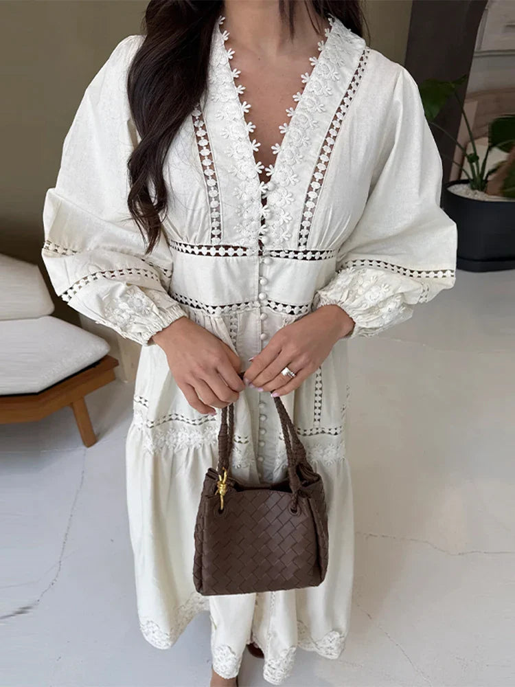 Hollow Lace Vneck Patchwork Maxi Midi Dress