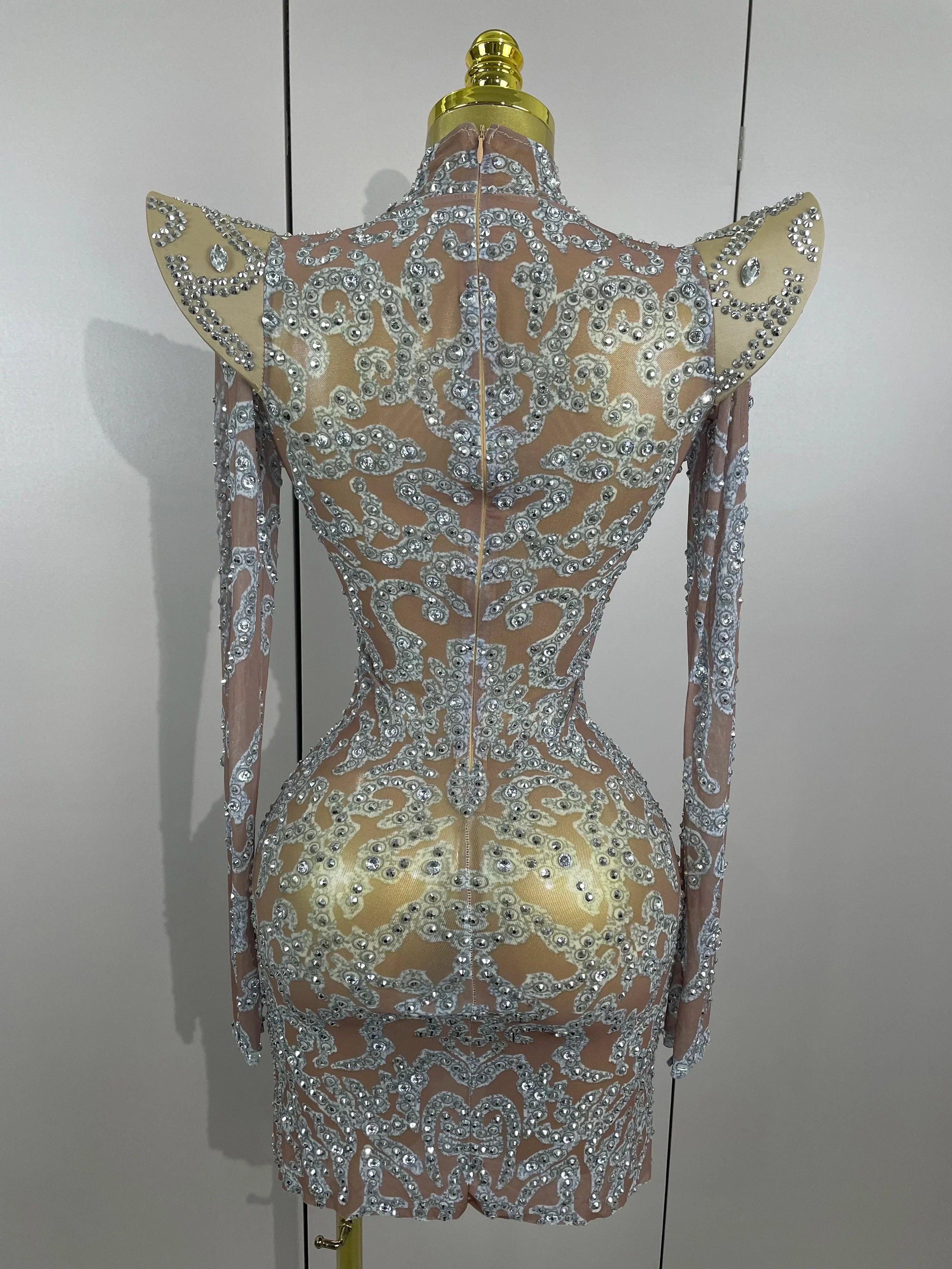 Sexy Singer Stage Drag Queen Costume  Women Shiny Rhinestones Transparent Short Dress Birthday Celebrate Photoshoot Dress
