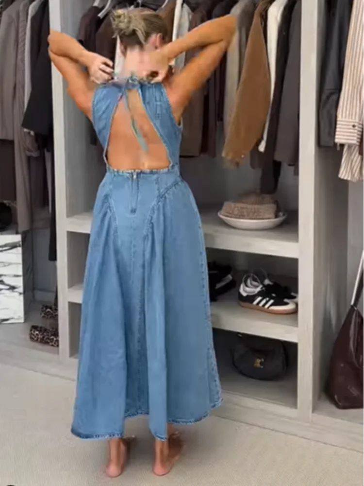 Denim Slim ONeck Sleeveless High Waist Pleated Work Dress