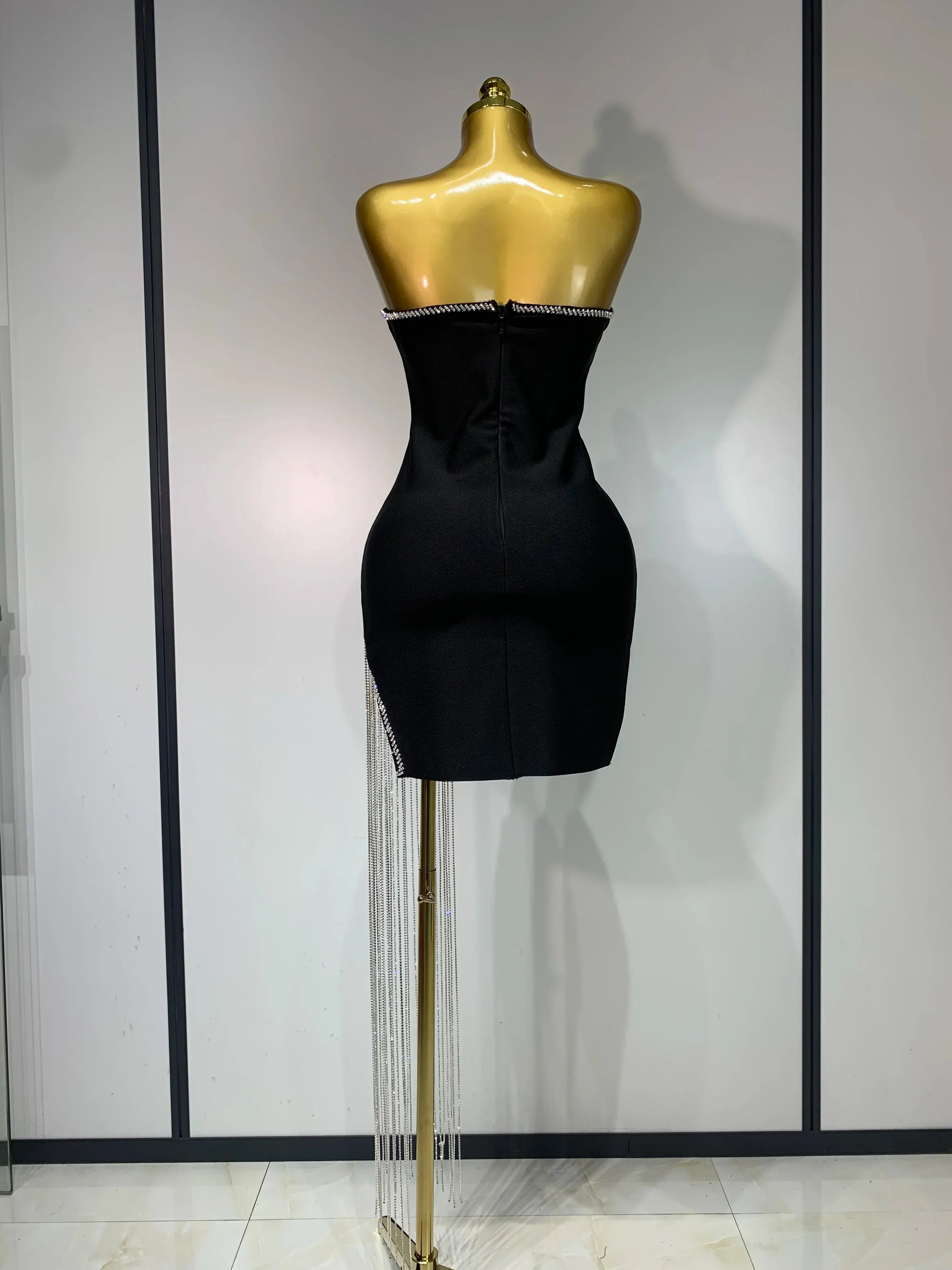 Women Celebrity Sexy Strapless Backless Black Diamond Tassels Mini Bodycon Bandage Dress  Elegant Evening Club Party Dresses