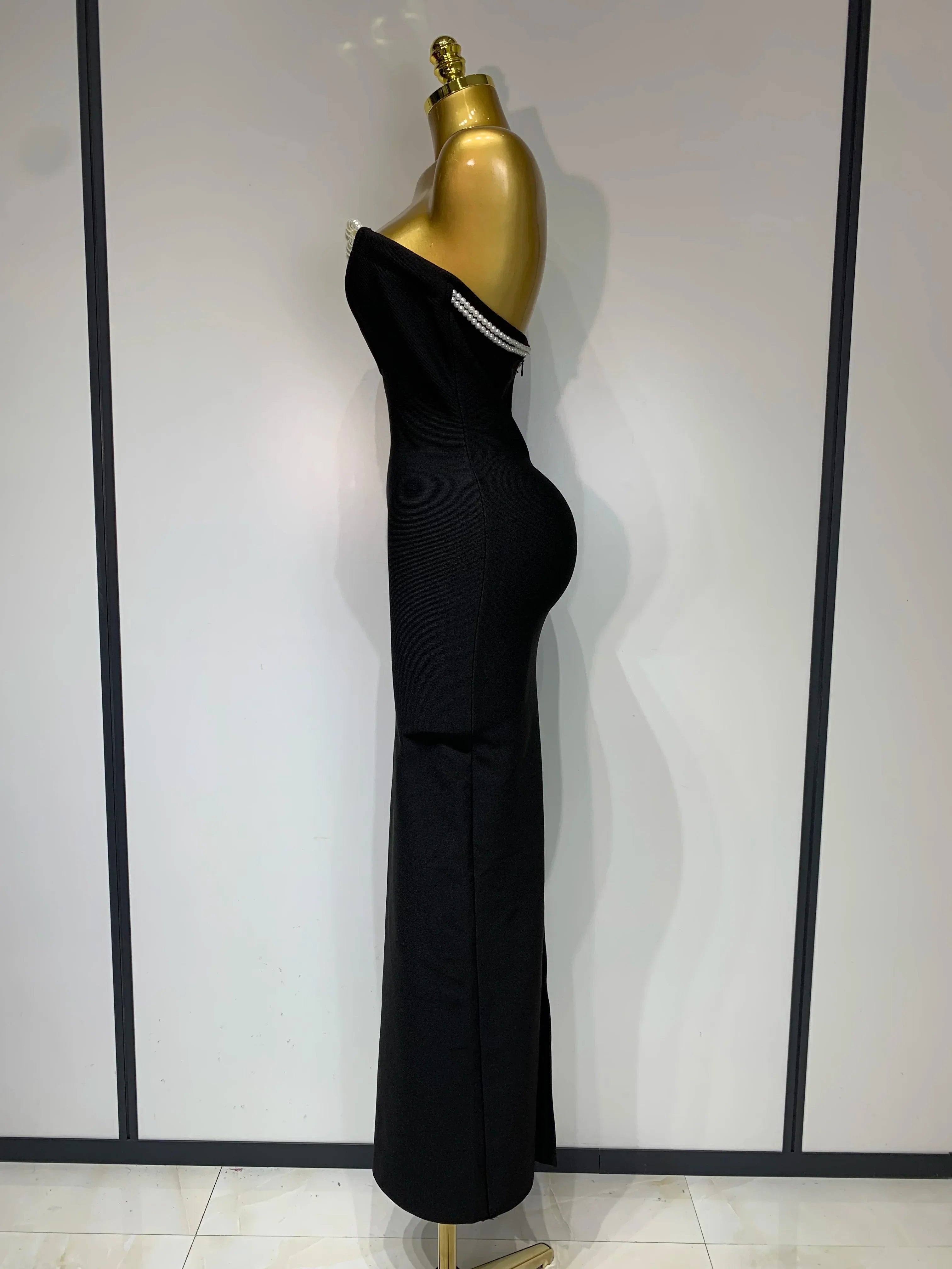Women Sexy Backless Strapless Black Beading Long Bandage Bodycon Dress Celebrity Elegant Evening Luxury Birthday Dresses