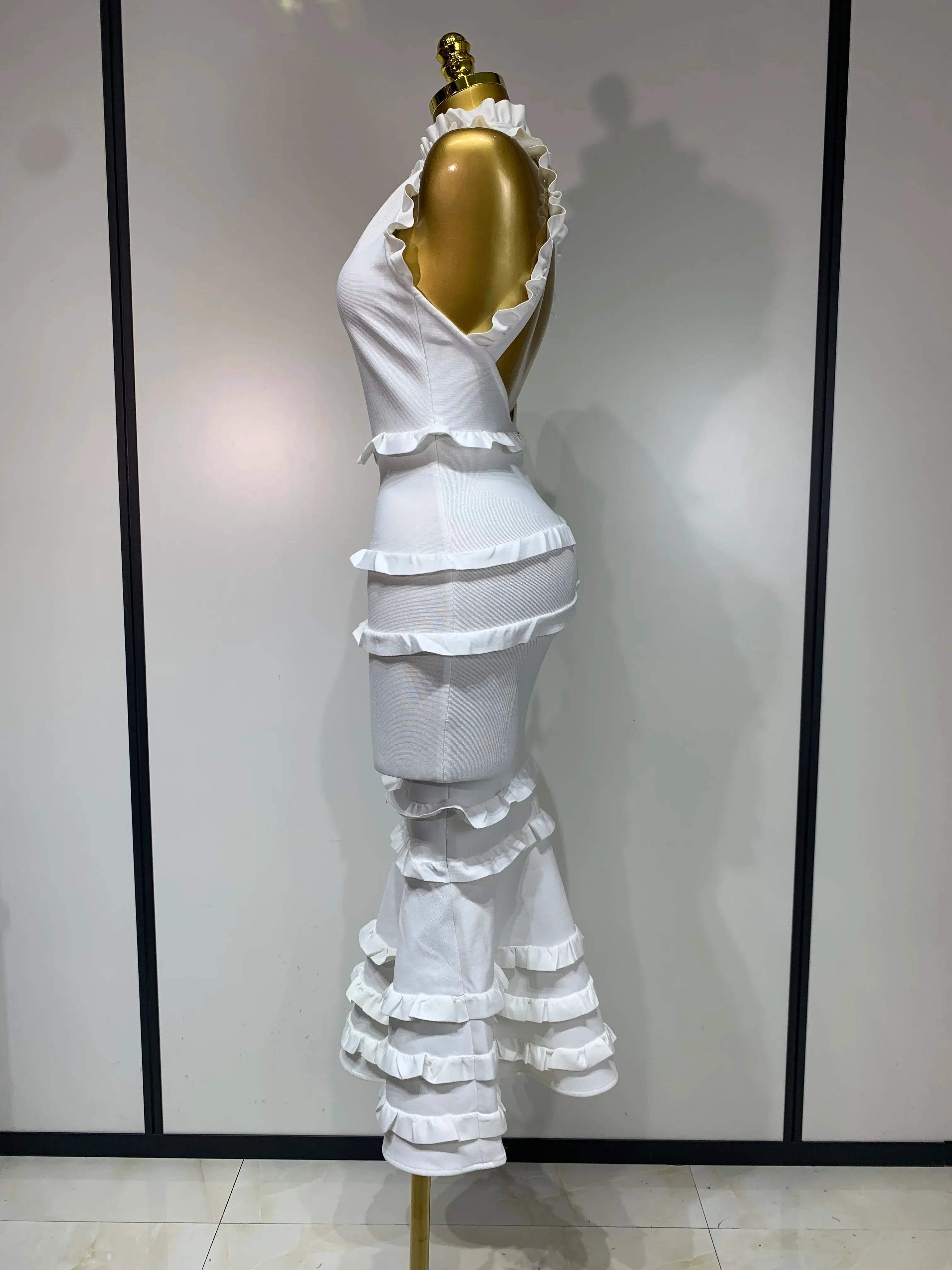 New High quality White Elagant Retro Ruched High Collar Bodycon Bandage Dress Evening Party Fashion Simple Birthday Gown