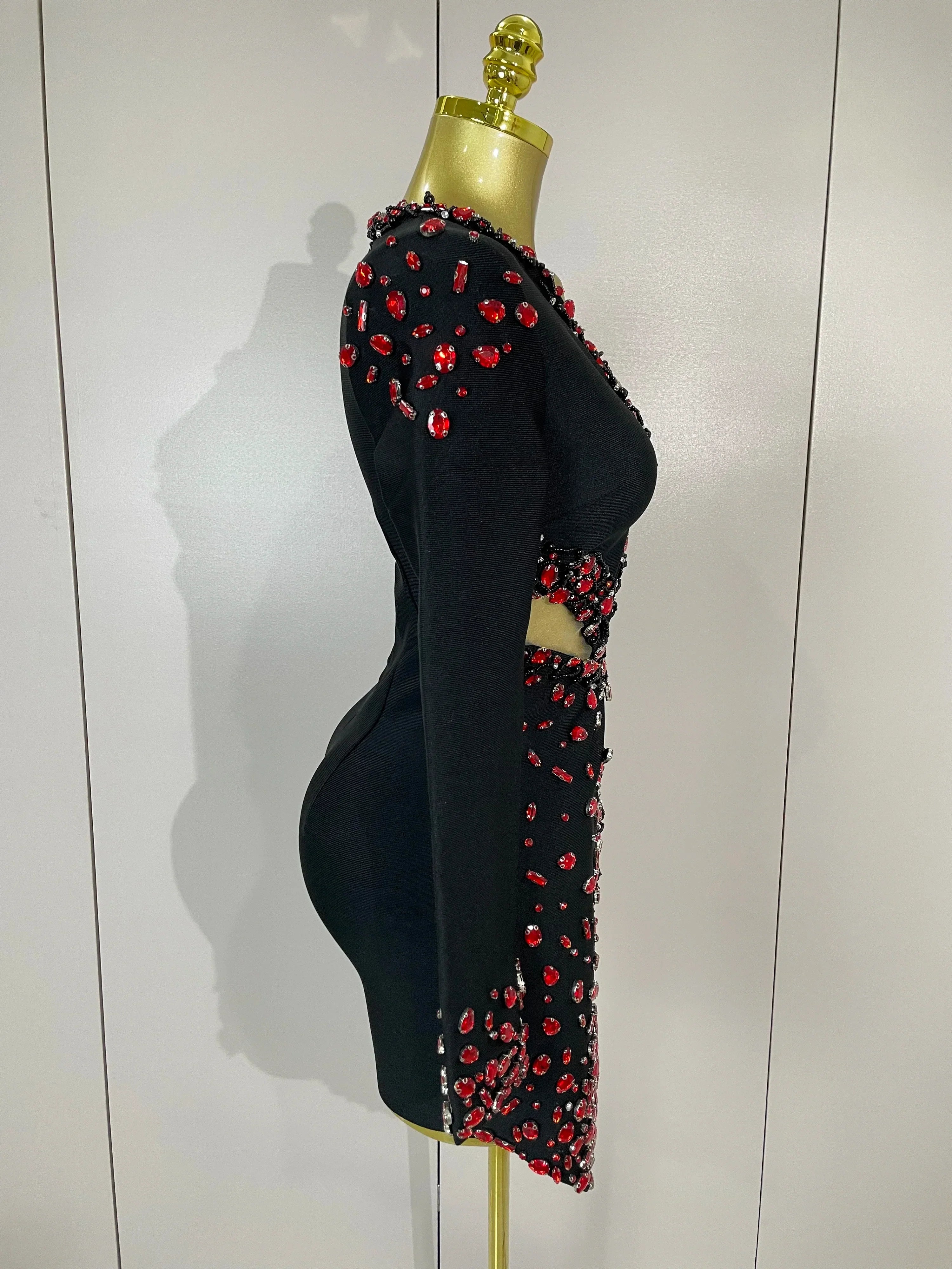 Women Celebrity Sexy Long Sleeve V Neck Rhinestone Black Bandage Dress  Elegant Evening Club Luxury Birthday Party Dresses