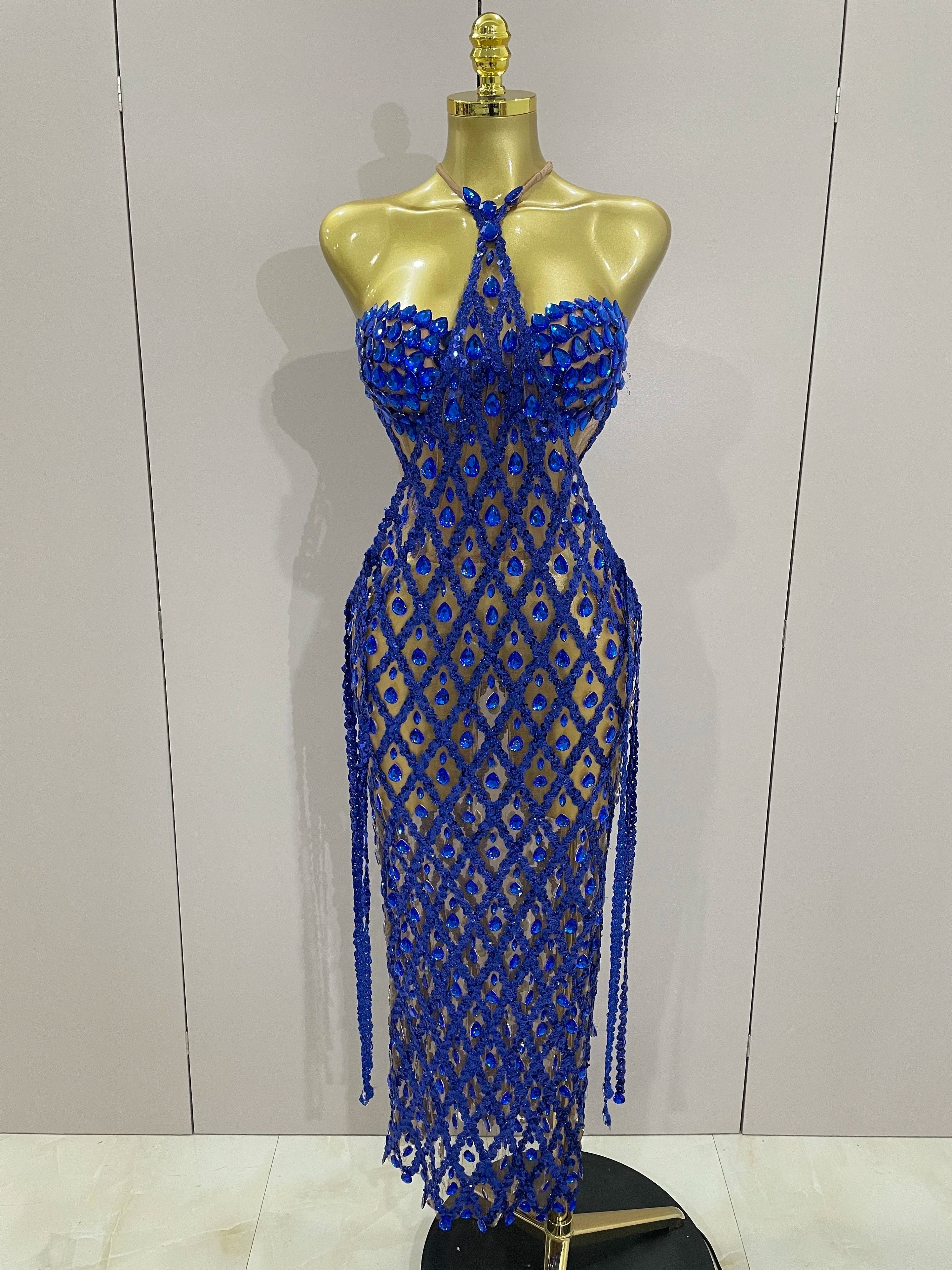 Sexy Sparkly Gold Rhinestones Sleeveless Mesh Two Piece Long Dress Women Birthday Party Celebrate Prom Stage Costume Blue