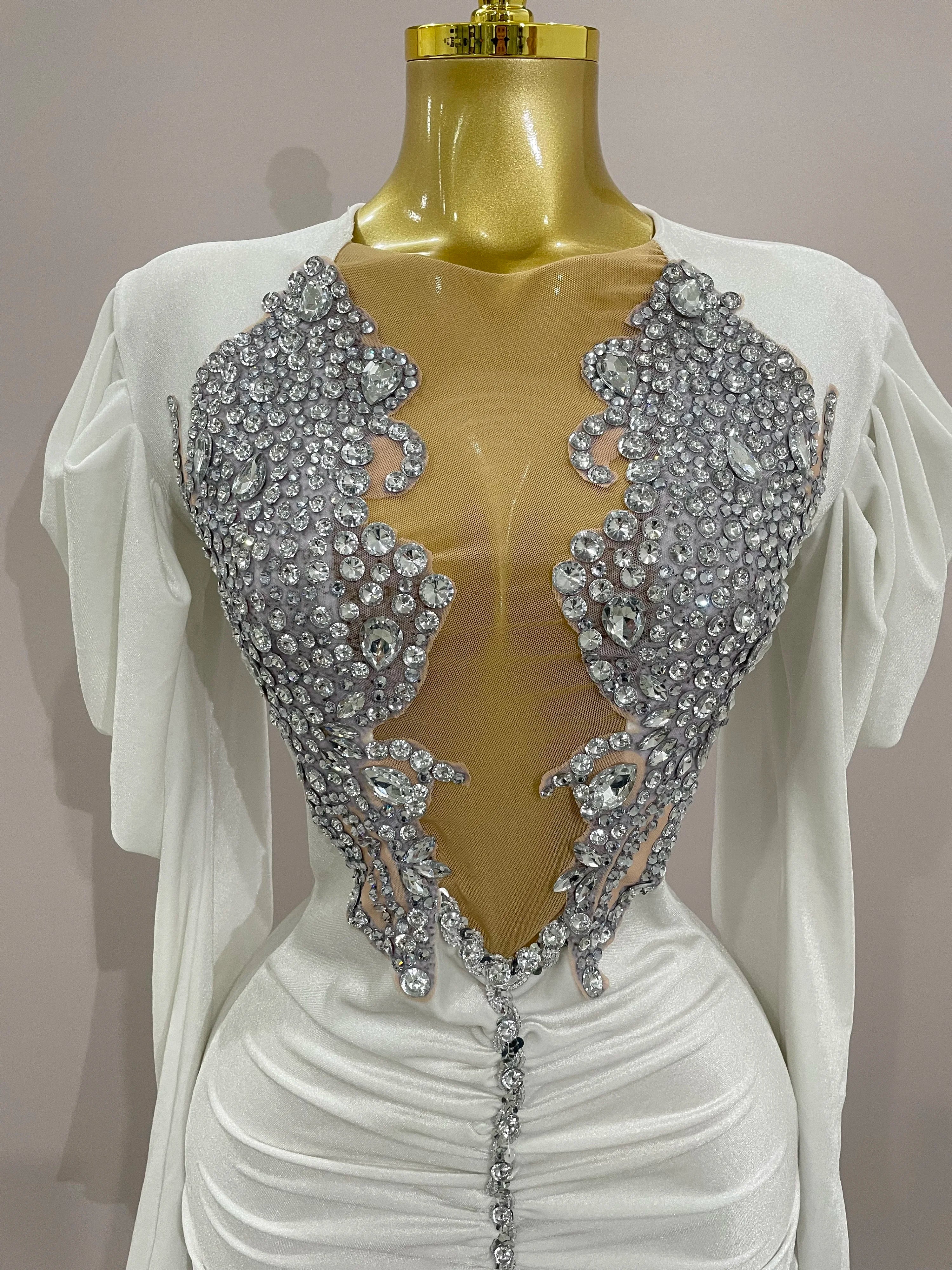 Luxury Sparkly Crystals Sexy Mesh White Velvet Short Dress  Women Elegant Evening Prom Birthday Party Dresses Stage Costume