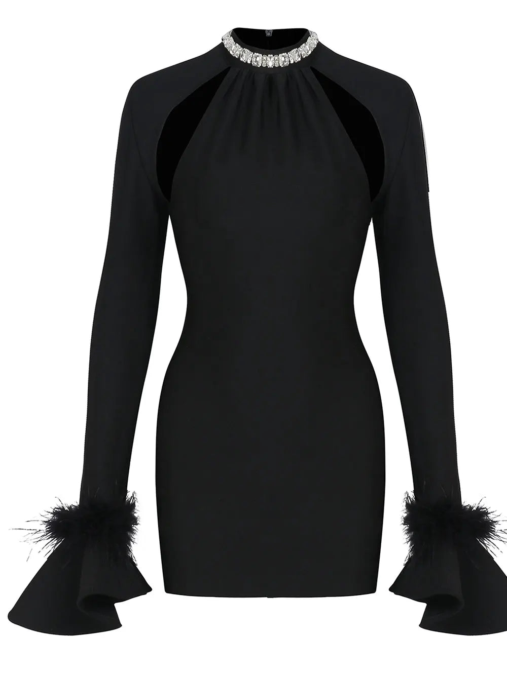 Sexy Women's Light Luxury Nail Bead Hollow Bandage Dress O-neck Trumpet Sleeve Feather Design Bodycon Mini Dress Vestidos