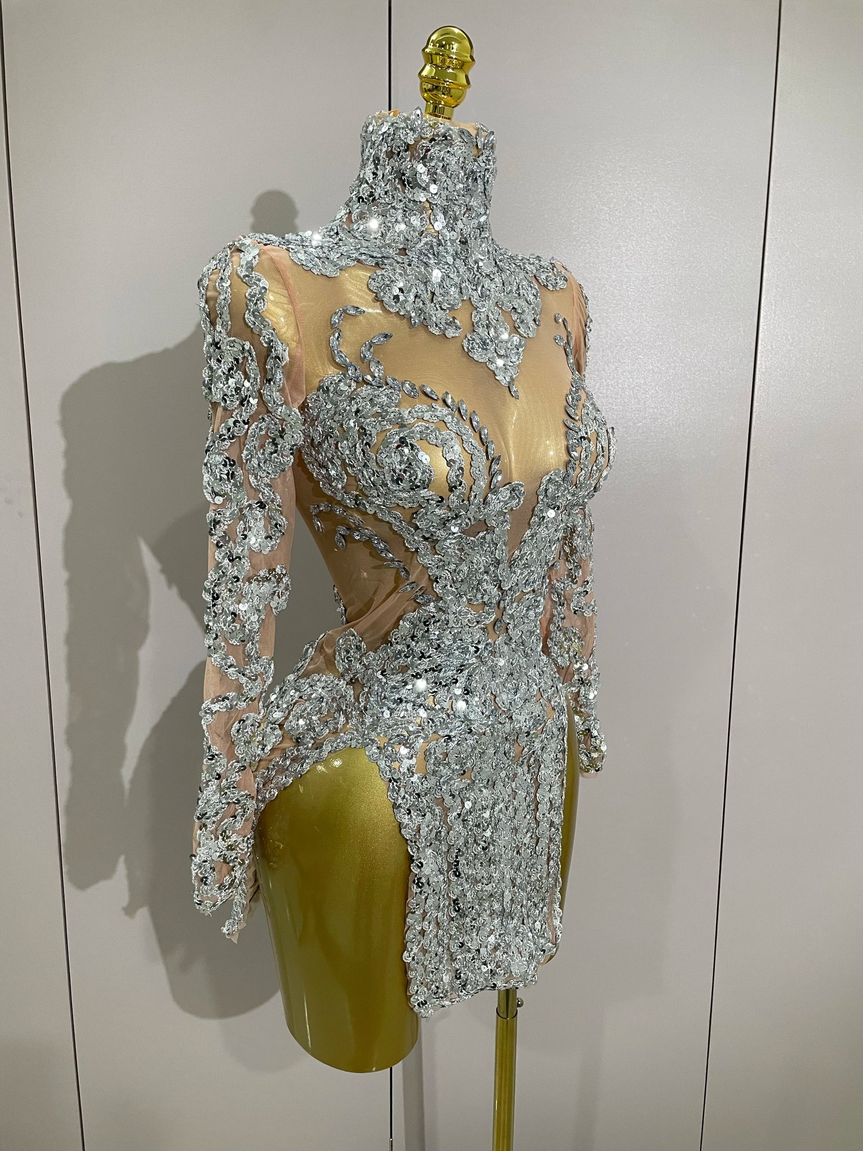 Luxury Sparkly Sequins Stretch Long Sleeve Mesh Mini Dress  Women Birthday Party Nightclub Dancer Stage Performance Costume