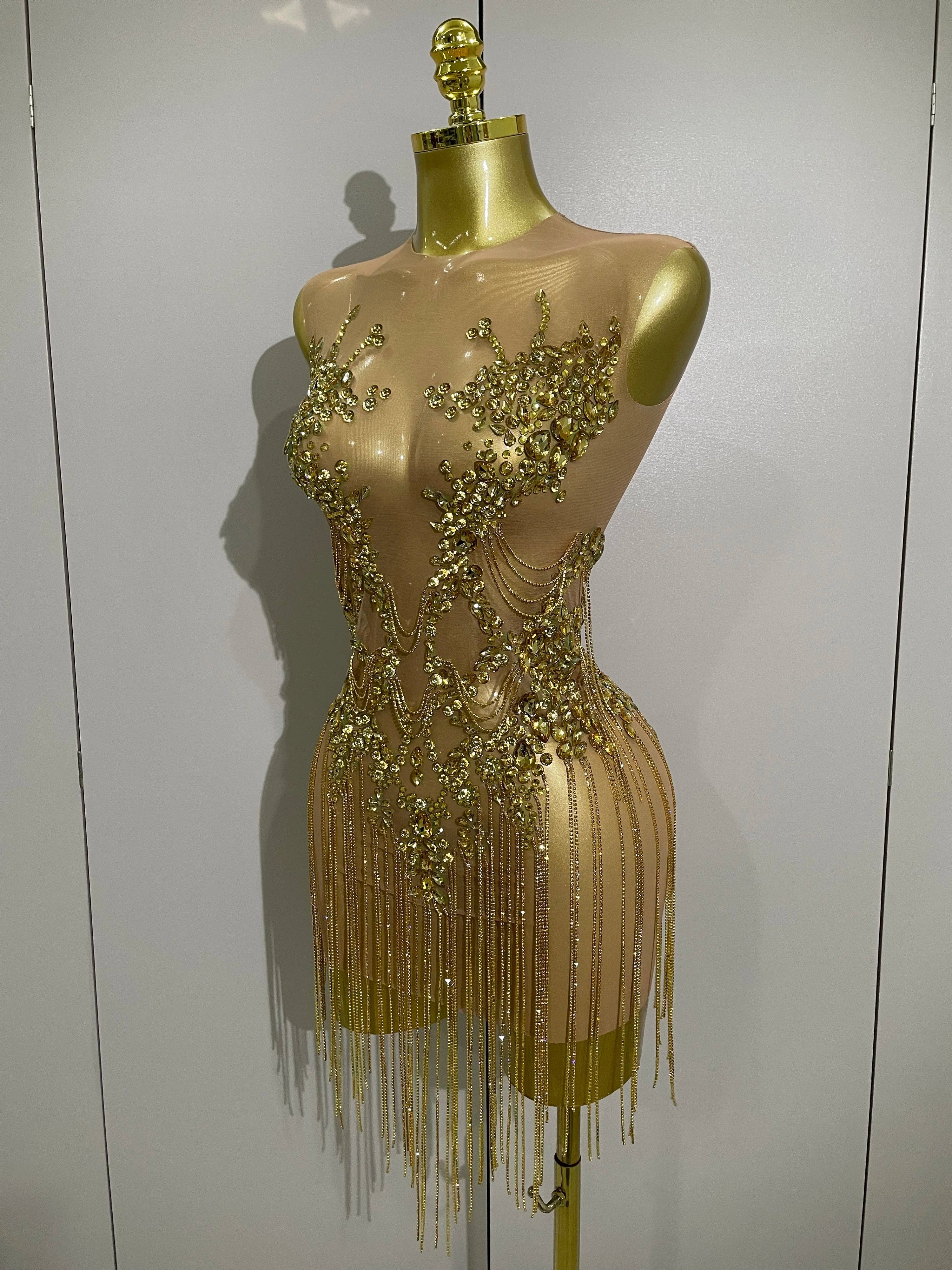 Luxury Sparkly Rhinestones Chain Sleeveless Mini Dress  Women Sexy Performance Dance Nightclub Outfit Birthday Party Dress