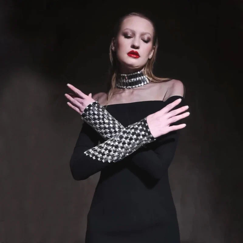 Fashion Sexy European And American Women Long Sleeve Black Sexy Round High Neck Color Long Sleeve Diamond Decoration Slim Dress