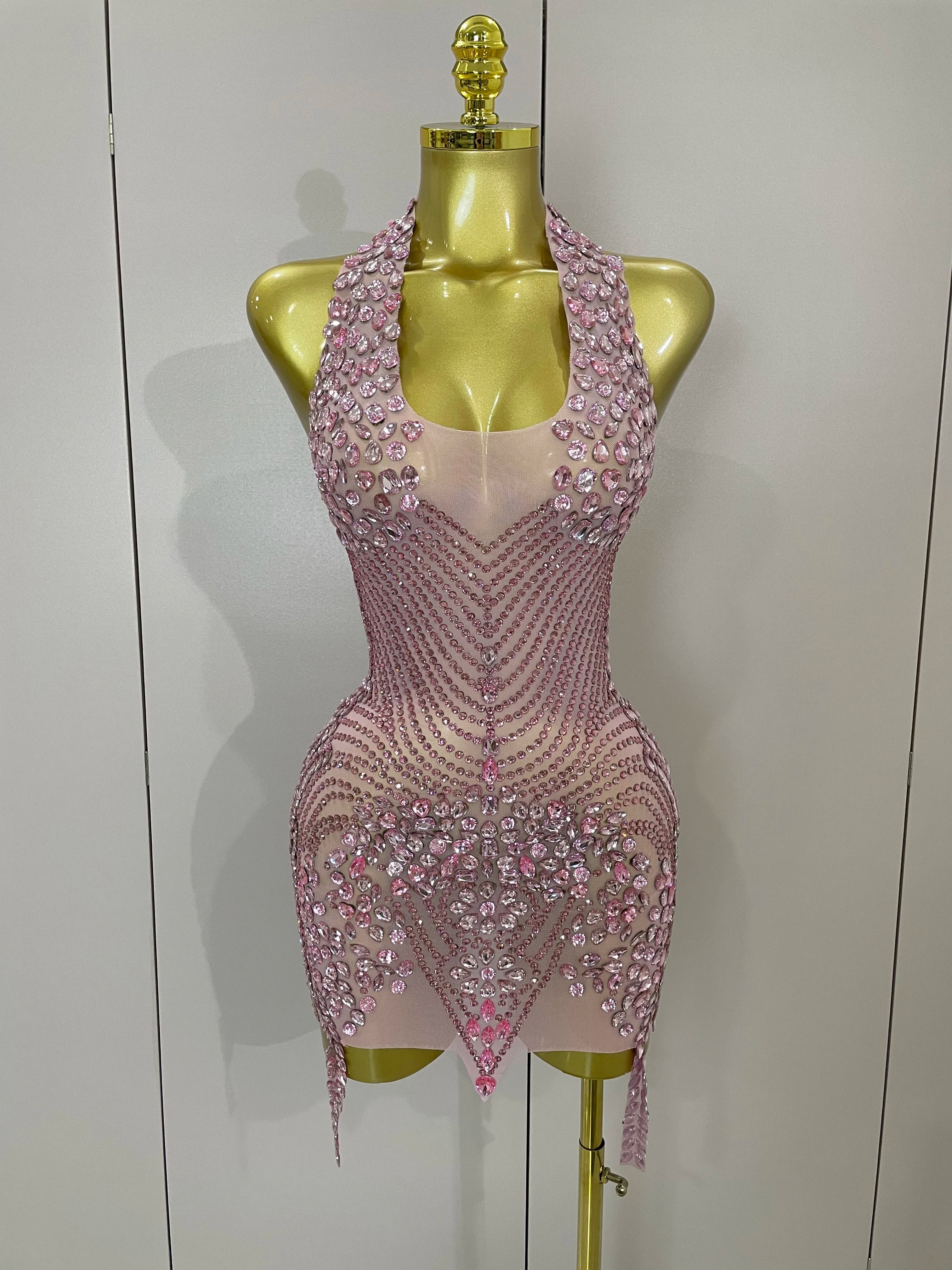 Sexy Sparkly Rhinestones Halter Backless Mesh Velour Short Dress Women Evening Prom Celebrate Birthday Party Stage Wear Pink