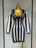 WomenLuxury Sexy Long Sleeve Stripe Black White Mini Bandage Dress Knitted Celebrity Elegant Evening Club Birthday Dresses black