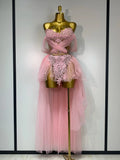 Sexy Backless Mesh Top Skirt Two Pieces Set Celebrate Festival Performance Costume Luxury Birthday Evening Party Design Dress Pink