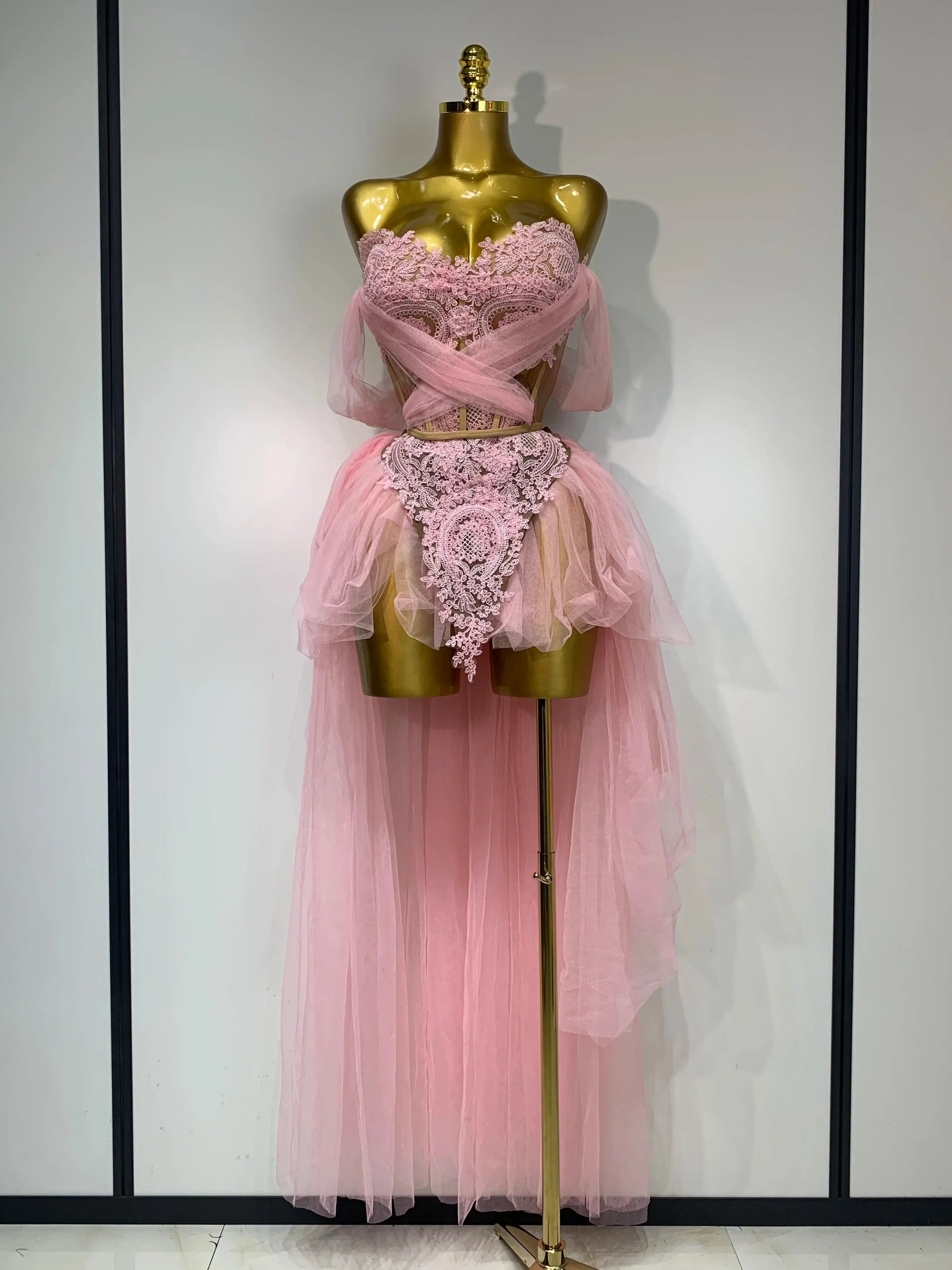 Sexy Backless Mesh Top Skirt Two Pieces Set Celebrate Festival Performance Costume Luxury Birthday Evening Party Design Dress Pink