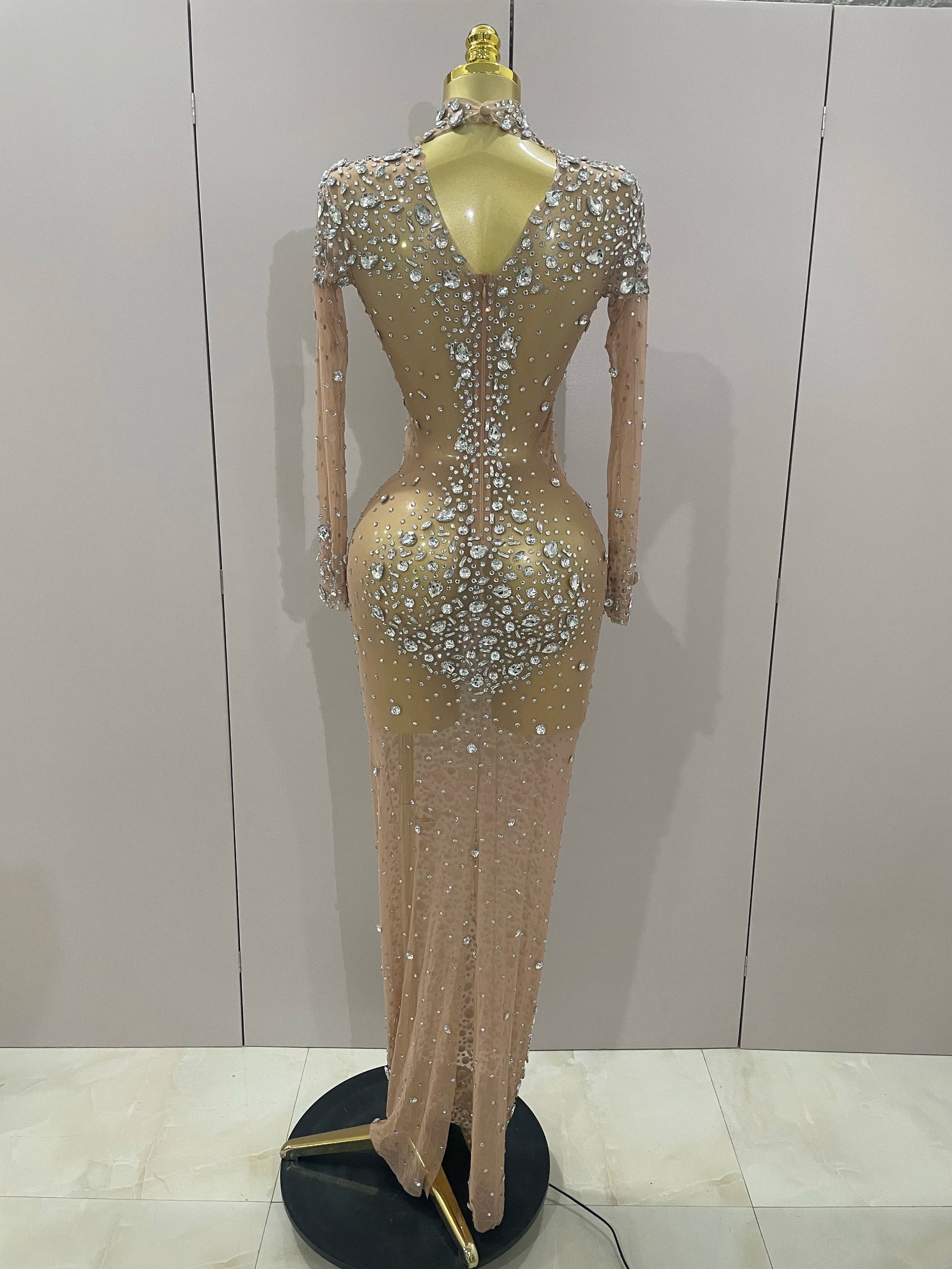 Sparkly Silver Big Rhinestone Sexy Transparent Long Dress  Women Evening Birthday Party Celebrate Club Dancer Stage Costume