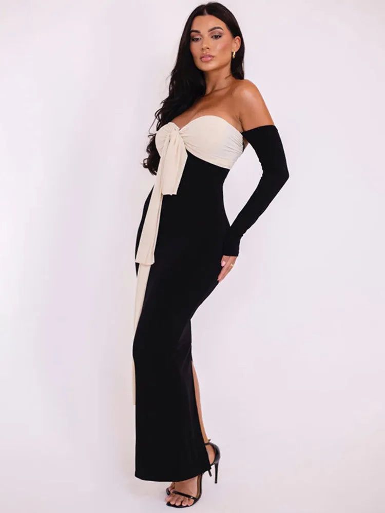OffShoulder Contrast Color Maxi Midi Dress