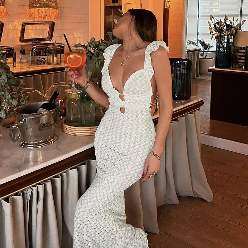 Lace Up Hollow Slim Vneck Maxi Dress