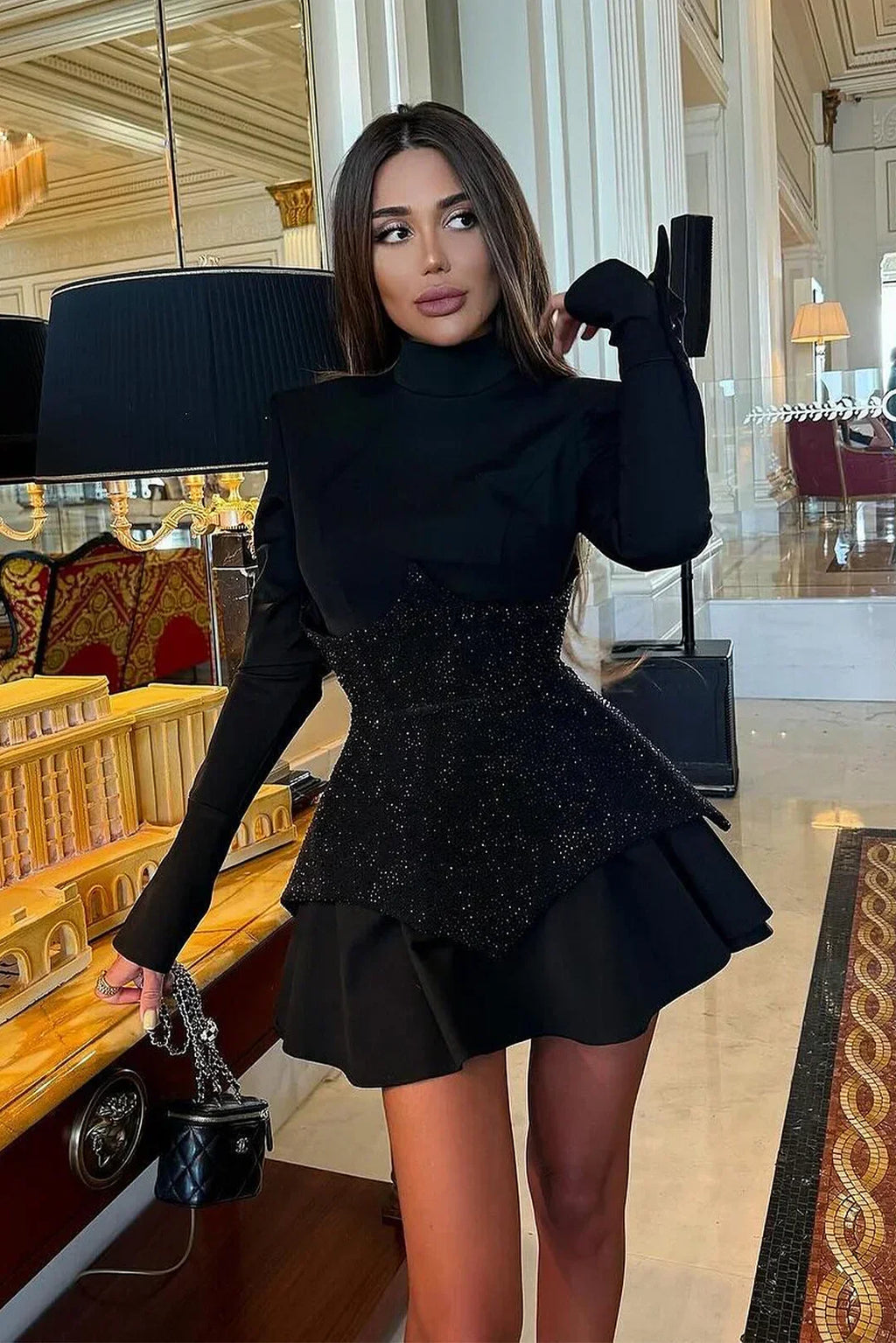 Black Red Women Long Sleeve Shinning Rhinestones A-Line Mini Dress Christmas Nightclub Party Celebrate Dress