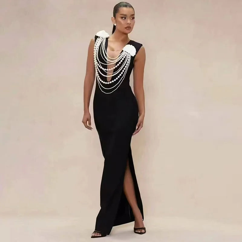 Women Sexy Sleeveless Pearl Beading Bodycon Bandage Long Dress Celebrate Evening Party Nightclub Outfit Vestido black