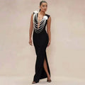Women Sexy Sleeveless Pearl Beading Bodycon Bandage Long Dress Celebrate Evening Party Nightclub Outfit Vestido black