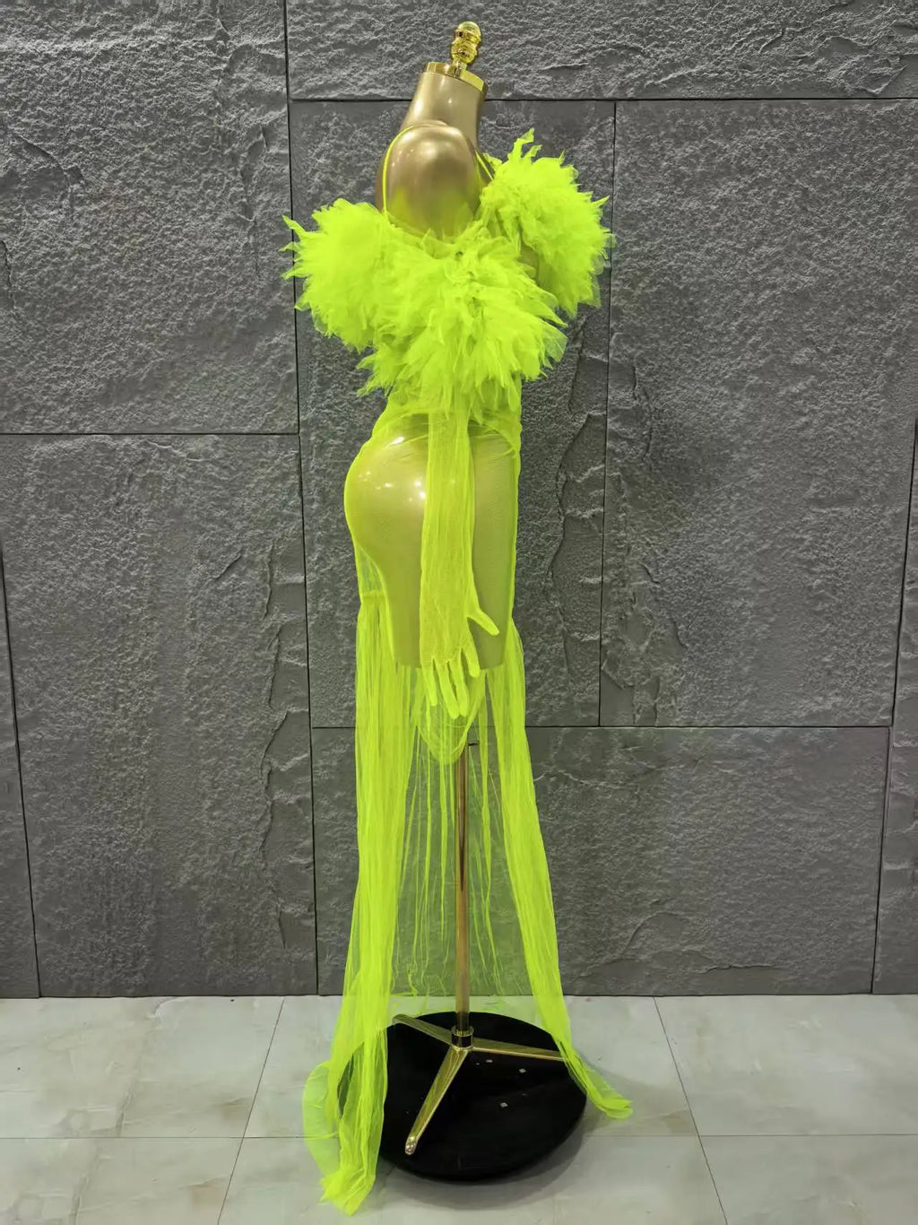 Mesh Ruffles Sexy See Through Bodycon Mini Dress Gloves Celebrate Nightclub Party Birthday Fashion Photo Shoot Wear