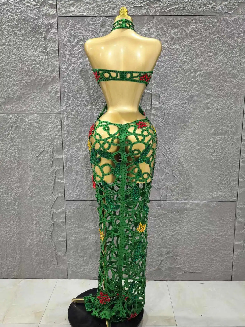 Women Sleeveless Sexy Hollow Out Shinning Rhinestones Bodycon Long Dress Backless Celebrate Nightclub Party Celebrity Stage Wear