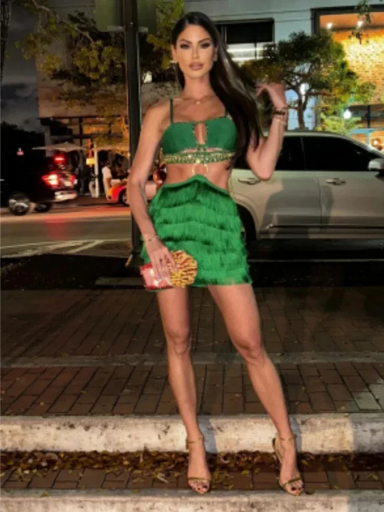 Stylish Tassel Sexy Hollow Out Spaghetti Strap Mini EvenDress  Summer Holiday Vocation Vestido Music festival Outfit