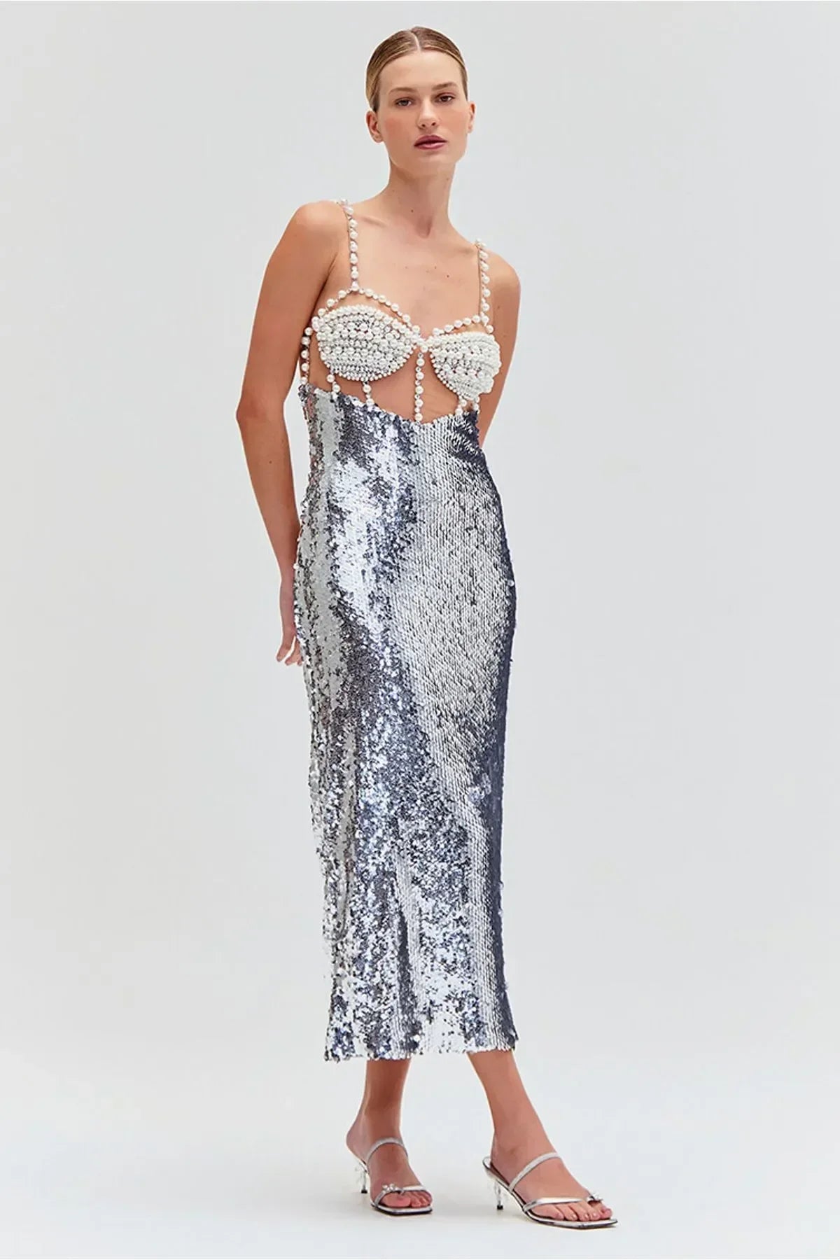 Fashionable Haute Couture Woman Evening Dress Pearl Sliver Sequins Spaghetti Strap Long Dress Celebrity Birthday Party Outfit Silver