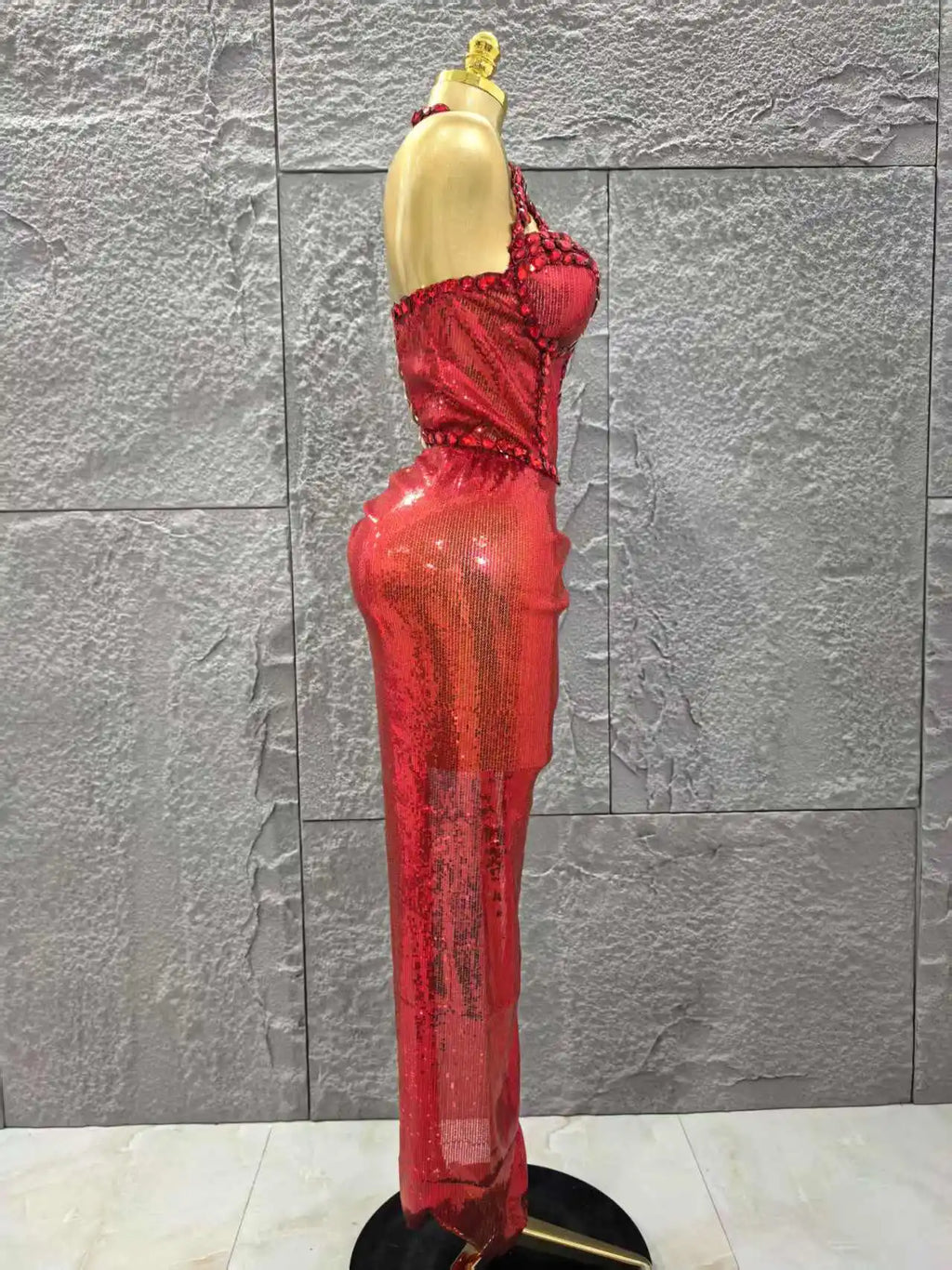 Red Color Women Sexy Off the Shoulder Shinning Crystal 2 Pieces Bodycon Long Dress Celebrate Birthday Party Nigtclub Outfit