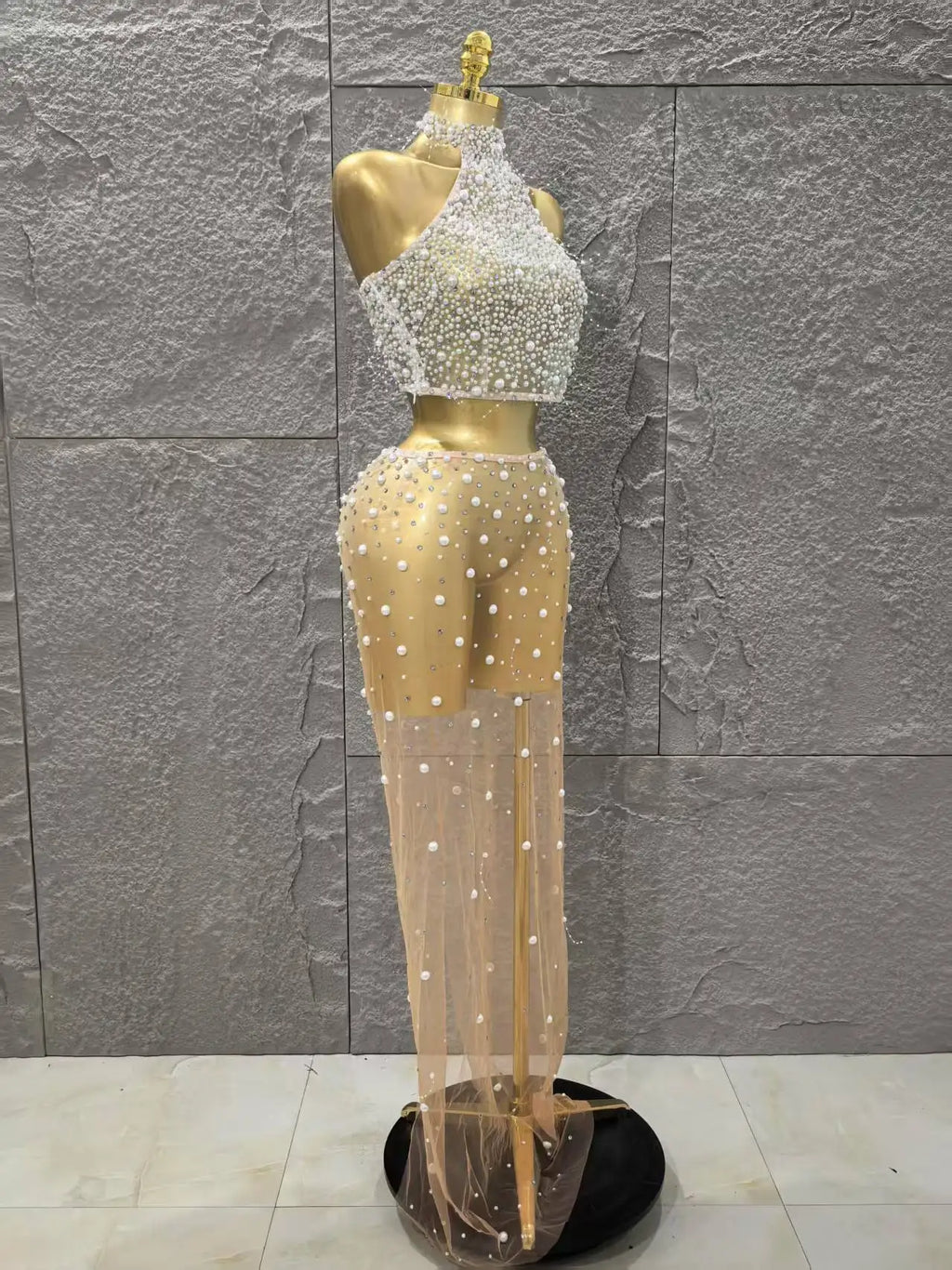STOCK Fashion Women Sleeveless Sexy Beading Mesh See Through 2 Pieces Bodycon Dress Celebrate Nightclub Party Outfit Vestido