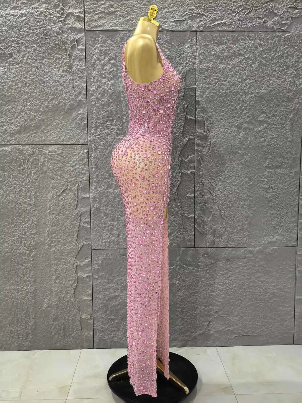 Women Sleeveless Sexy O-Neck Mesh See Through Full Crystal Bodycon Long Dress Birthday Party Stage Wear