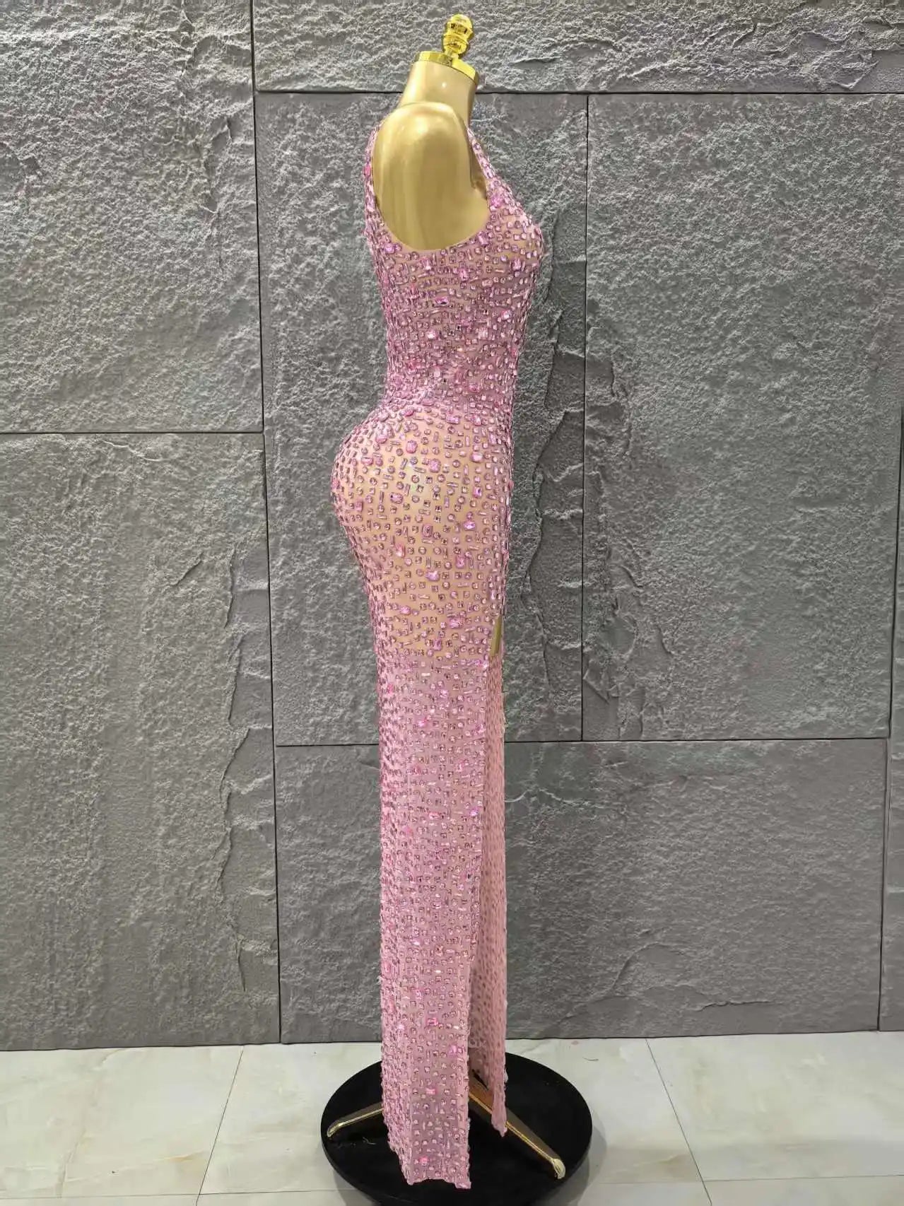 Women Sleeveless Sexy O-Neck Mesh See Through Full Crystal Bodycon Long Dress Birthday Party Stage Wear