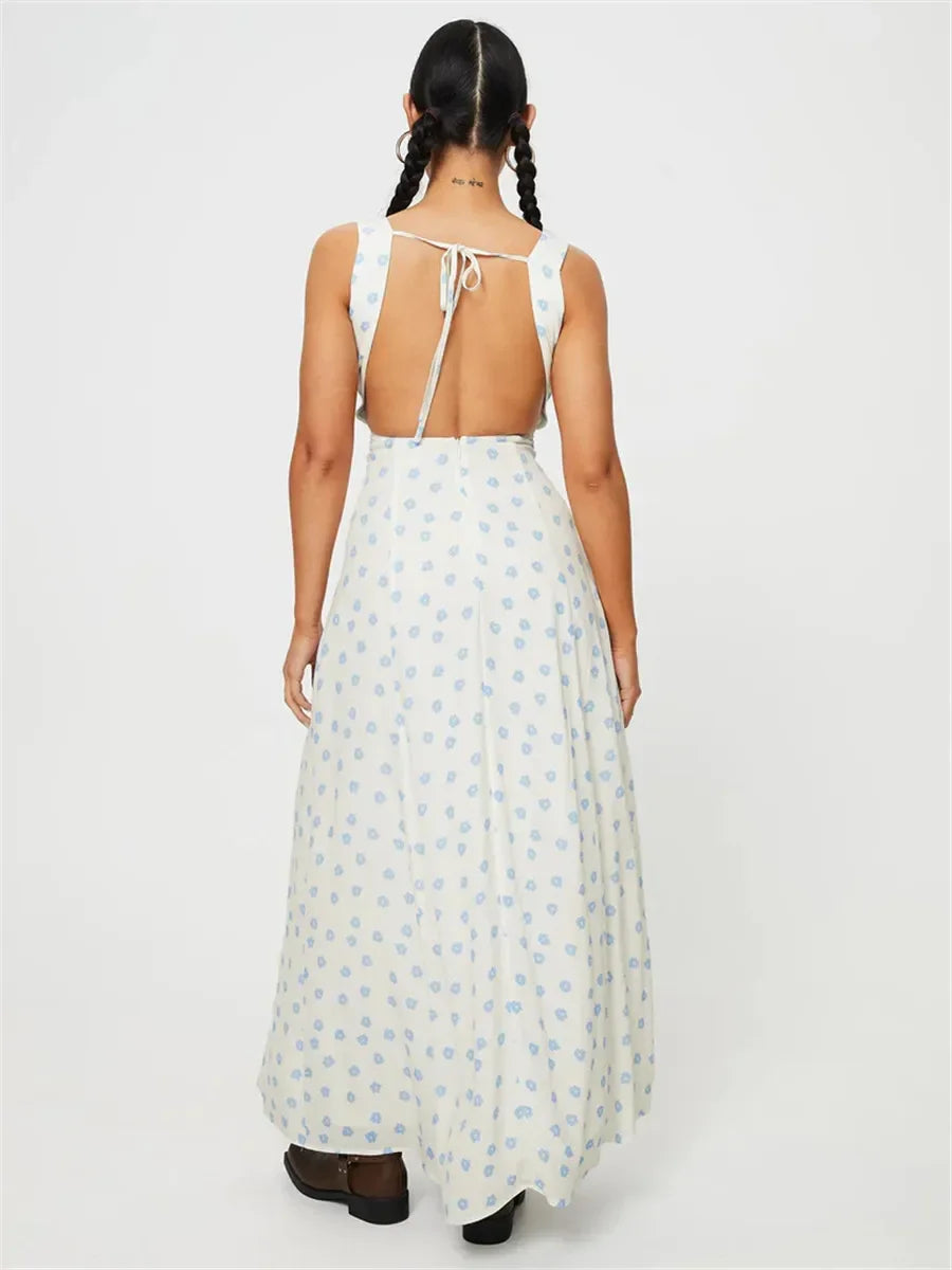 Vneck Laceup Sleeveless Floral Dress