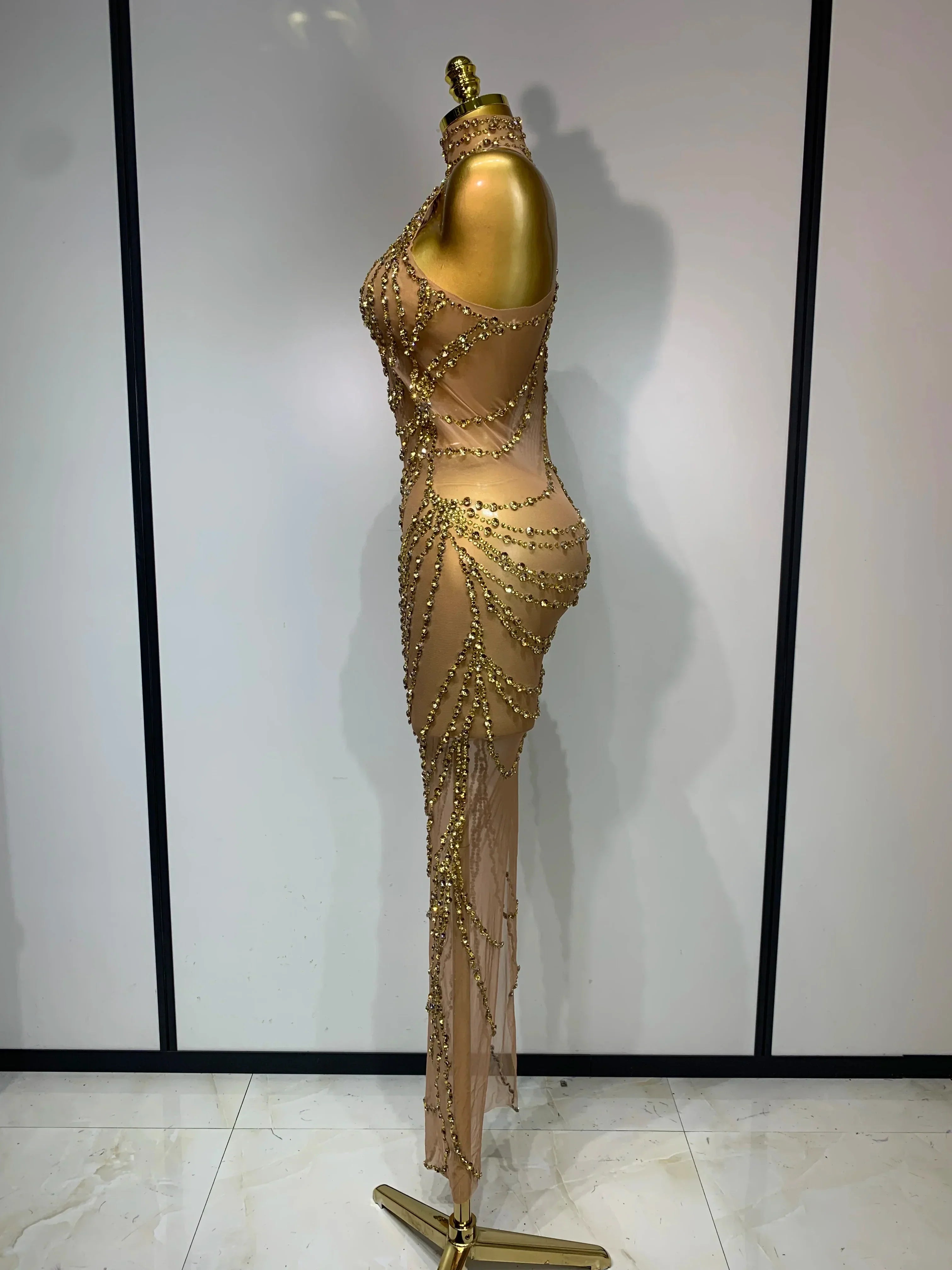 Sparkly Rhinestone Sexy Transparent Mesh Long Dress  Women Luxury Birthday Club Party Gown Stage Singer Performance Costume