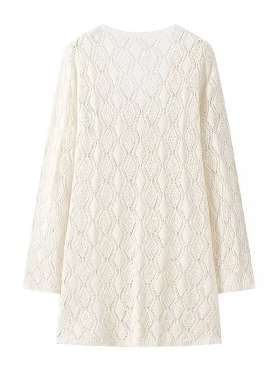 Solid Hollow Out Knitted Beach Dress Women V Neck Long Sleeve Lace up Vestidos Summer Sexy Fashion Holiday Mini Dresses