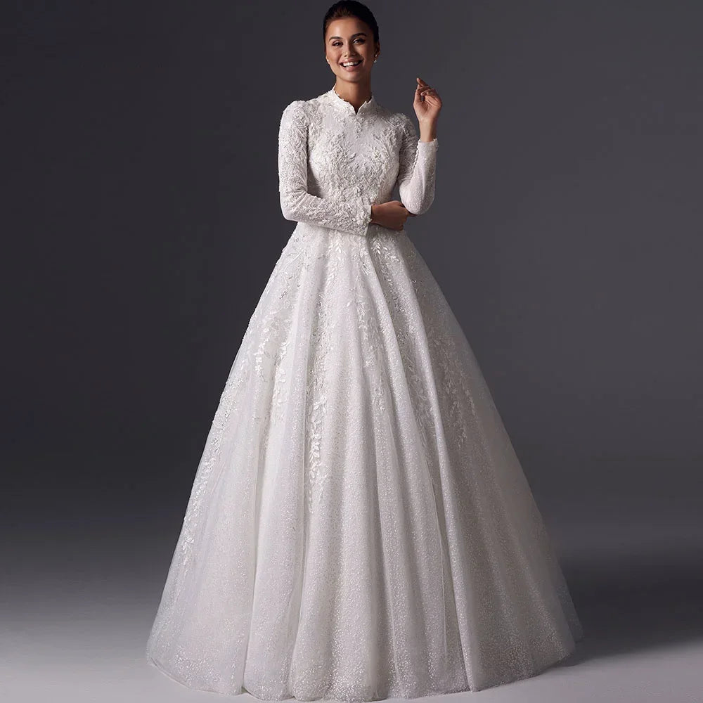 Customized High Neck A-line Muslim Wedding Dress Long Sleeve Lace Applique Bridal Dress Vintage Vestidos De Novia 2025 WHITE