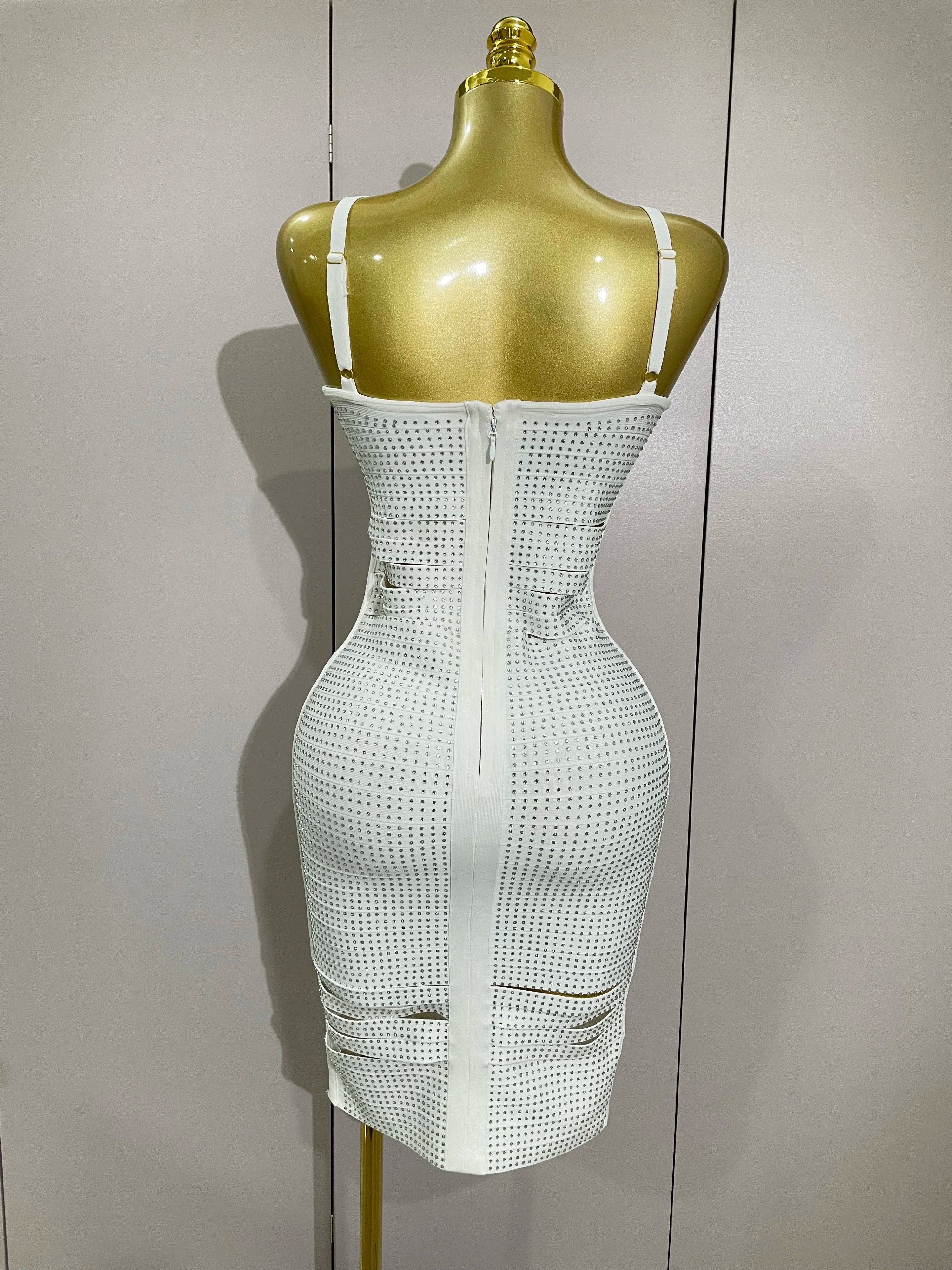 Shiny Diamond White Sleeveless V-neck Slim Short Dress  Women Elegant Evening Club Prom Birthday Cocktail Dresses Vestido