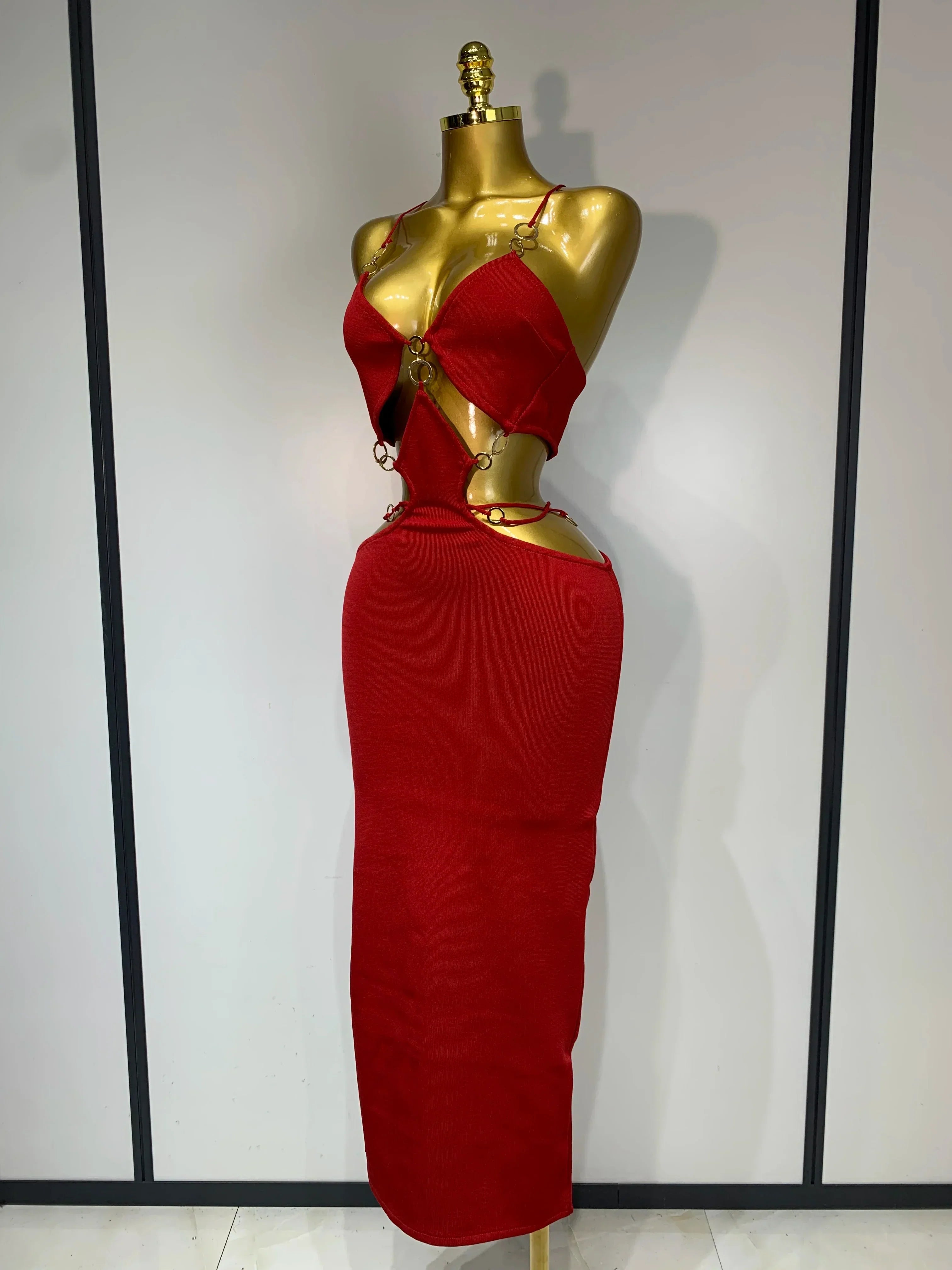 Women Sleeveless Sexy Halter Hollow Out Black Red Bodycon Long Bandage Dress  Celebate Elegant Luxury Birthday Club Dress