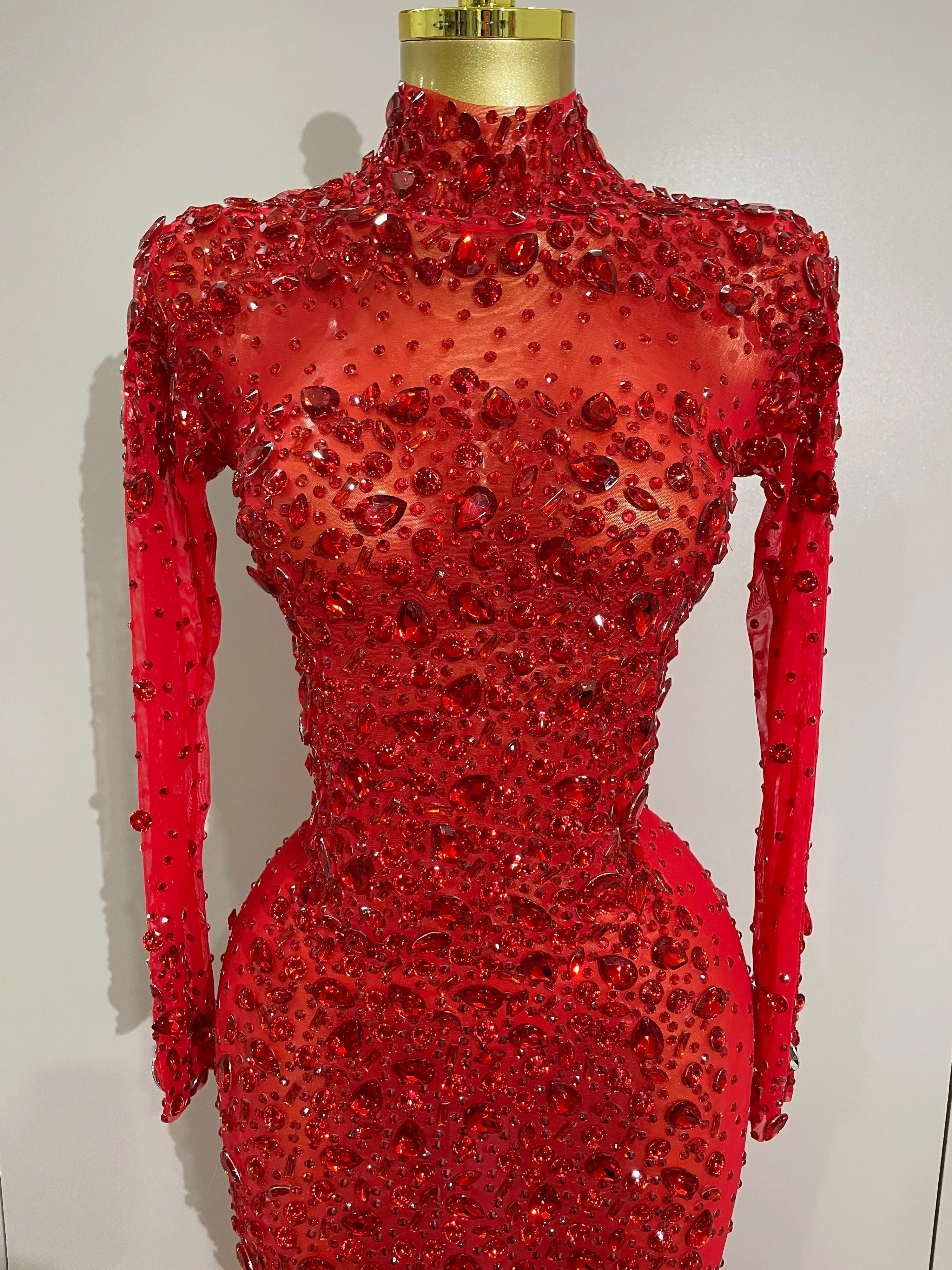 Sparkling Red Crystals Feathers Long Sleeve Mermaid Maxi Dress Women Wedding Celebrate Luxury Birthday Party Prom Gown