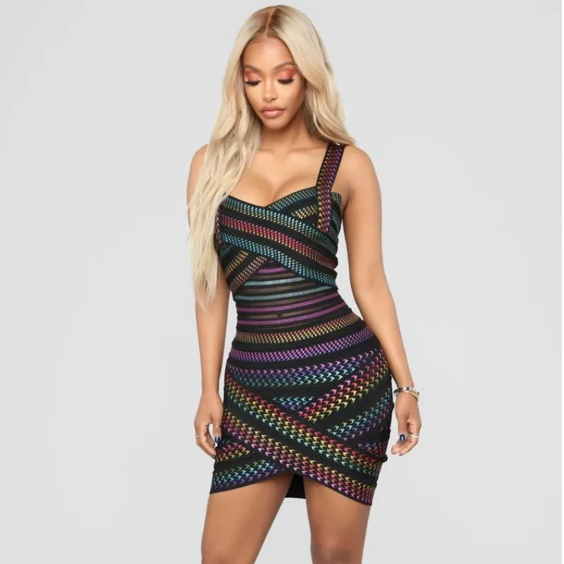 Women Sleeveless Sexy Square Collar Foil Bodycon Bandage Mini Dress Nightclub Bar Party Celebrate Dress