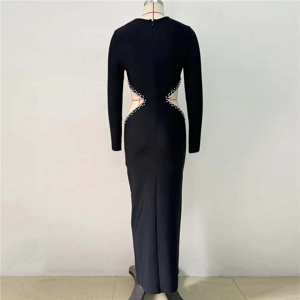 Black Color Women Long Sleeve Shinnign Crystal Waist Mesh Bodycon Bandage Long Dress Nightclub Party Celebrate Evening Dress