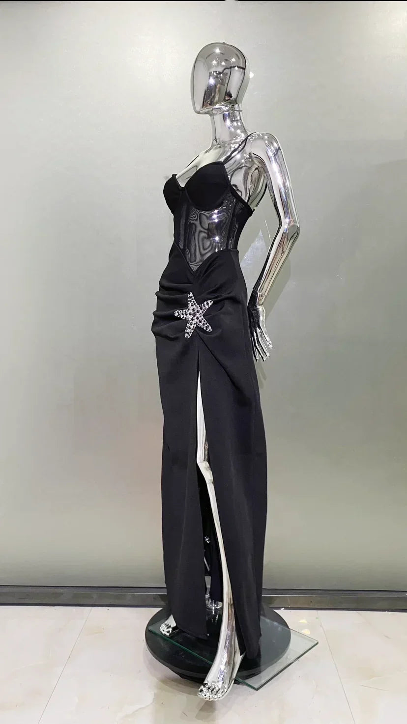 2024 Starfish Sexy See Through Mesh Patchwork Bandage Spaghetti Strap Floor Length Dress  Evening Dress Celebrity Party Outfit