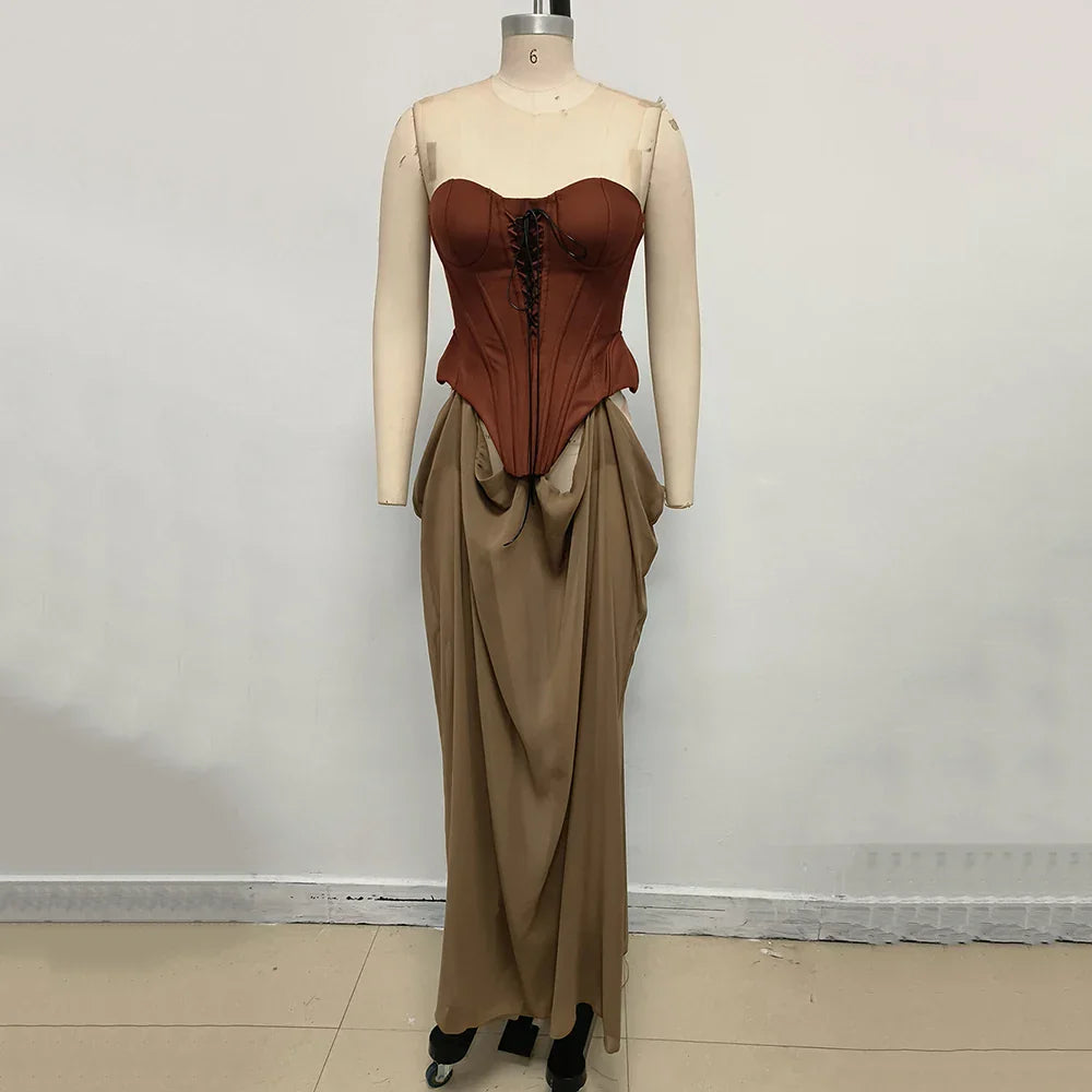 Vintage Off Shoulder Sleeveless Long Dresses Sexy Women Sheath Lace Up Patchwork Long Dress Elegant Summer For Vestidos Brown