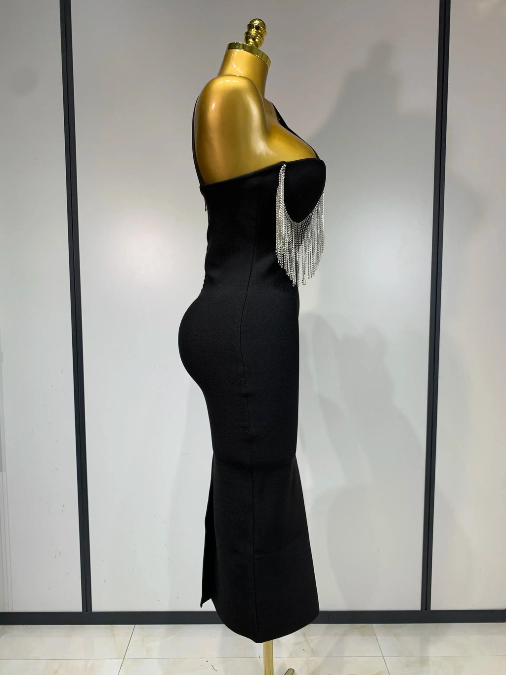 Women Sexy Diamonds Tassel Crystal Midi Black Bodycon Bandage Dress  Elegant Evening Party Luxury Birthday Dresses Vestido