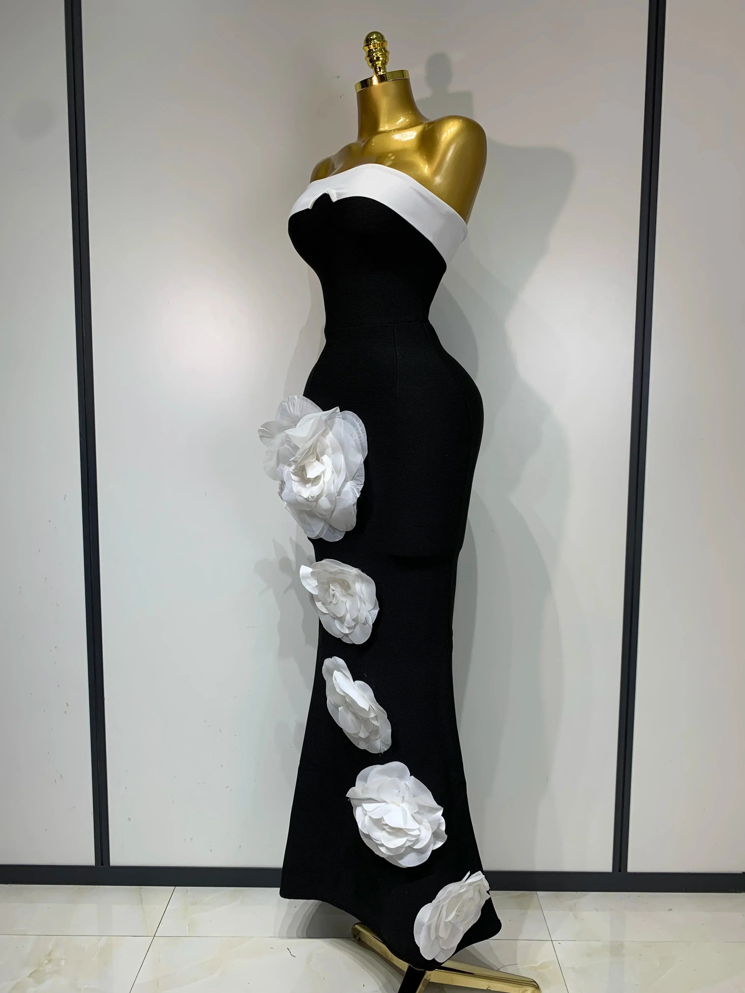 Women Sexy Strapless Backless Flower Maxi Long Bandage Dress  Knitted Celebrity Elegant Evening Club Party Birthday Dresses