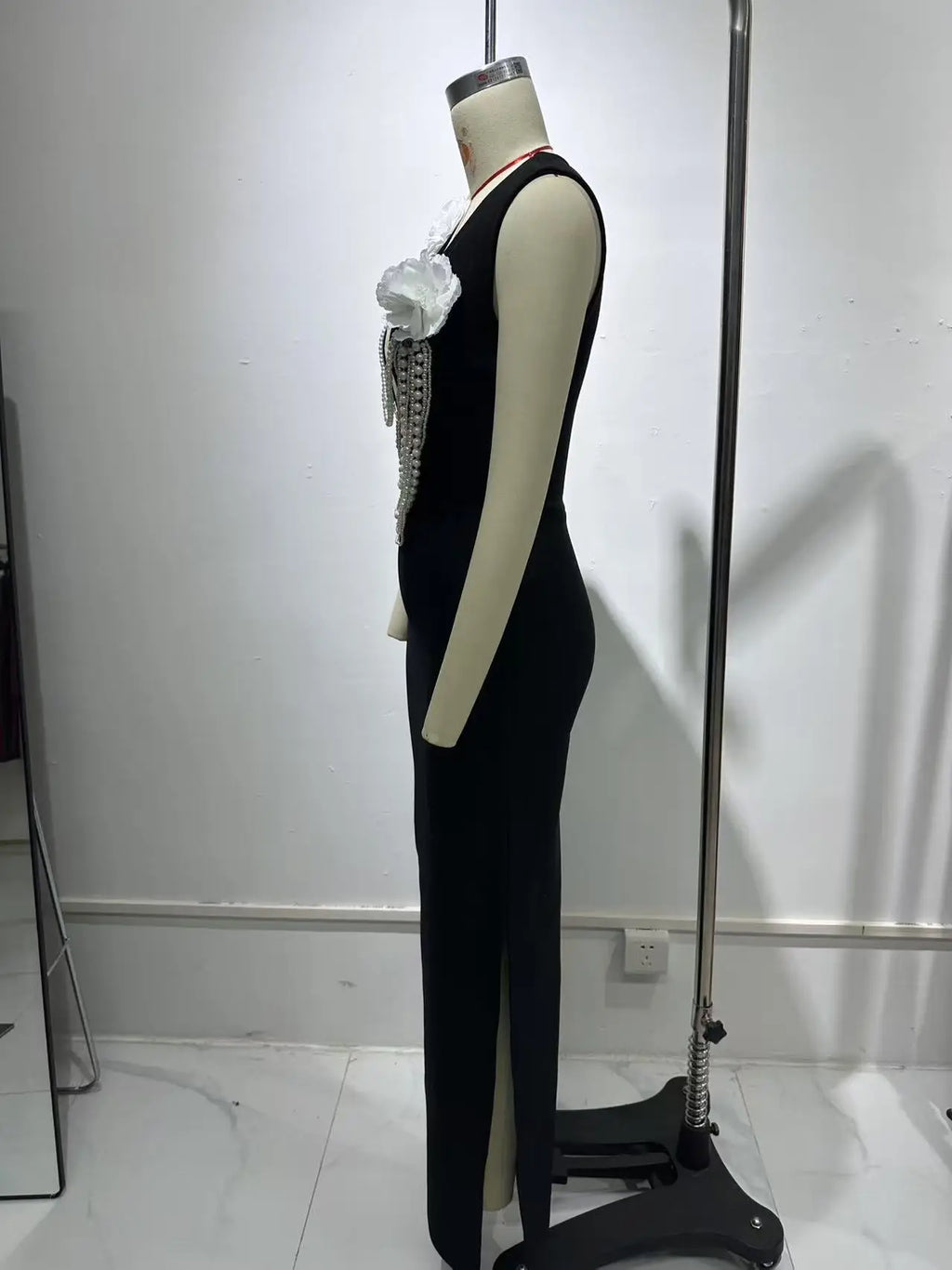 Women Sexy Sleeveless Pearl Beading Bodycon Bandage Long Dress Celebrate Evening Party Nightclub Outfit Vestido
